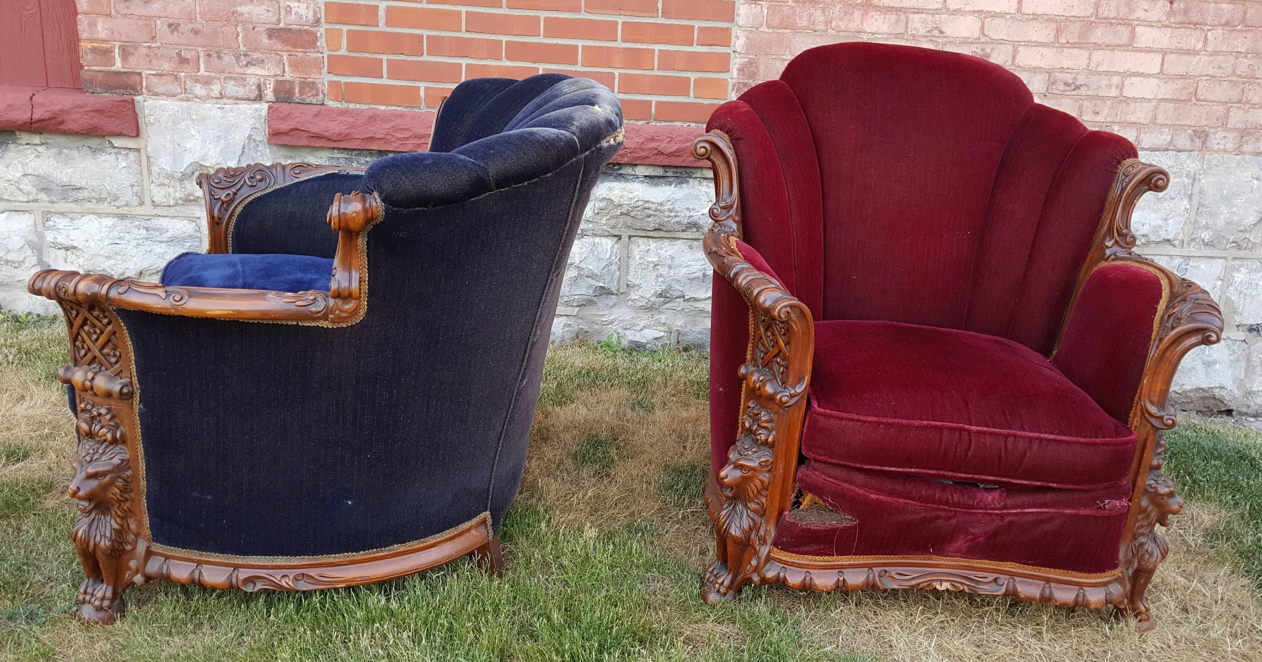 Art Deco Pair of 1930s Mohair and Carved Wood Lounge Chairs Carved Lion Motif