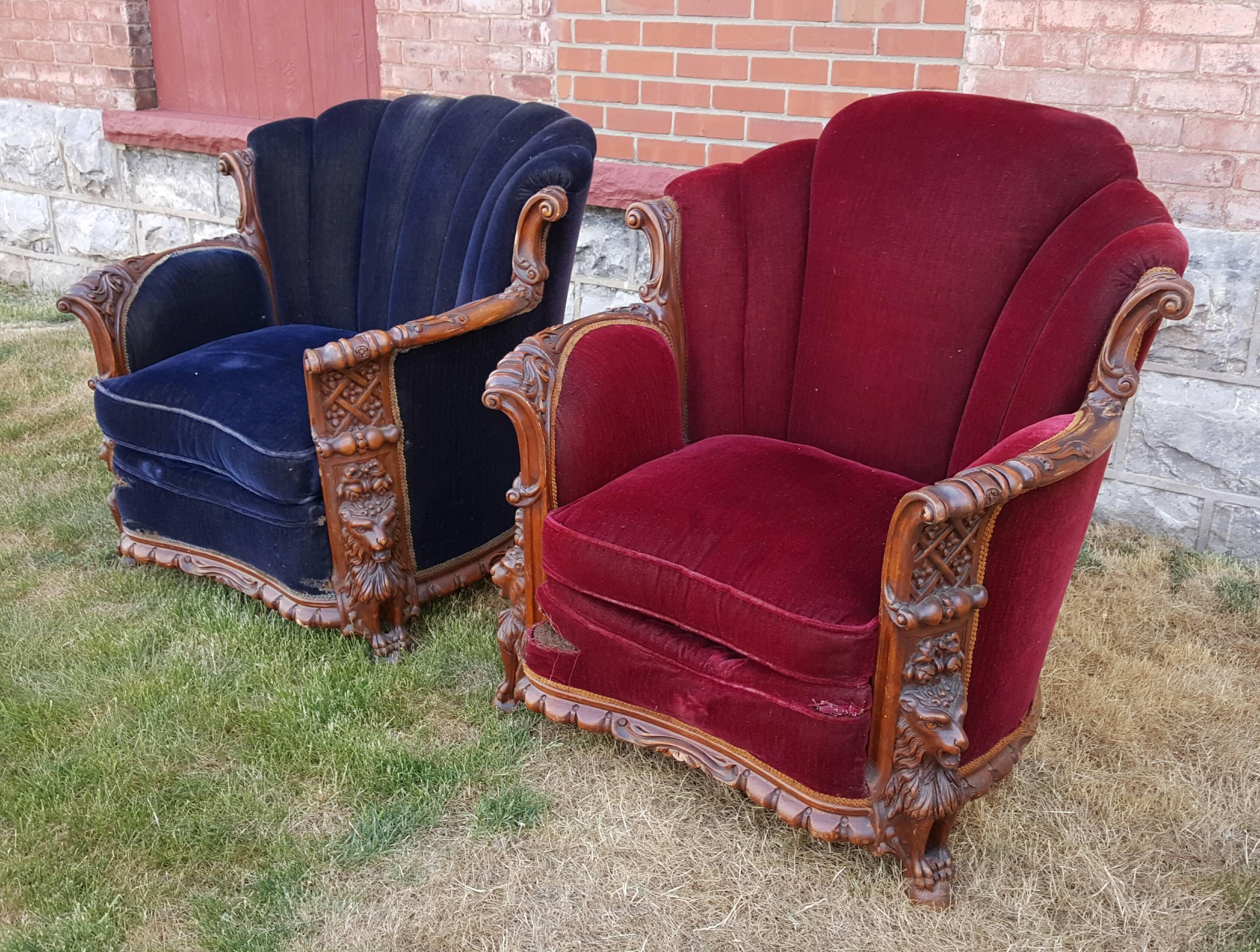 American Pair of 1930s Mohair and Carved Wood Lounge Chairs Carved Lion Motif