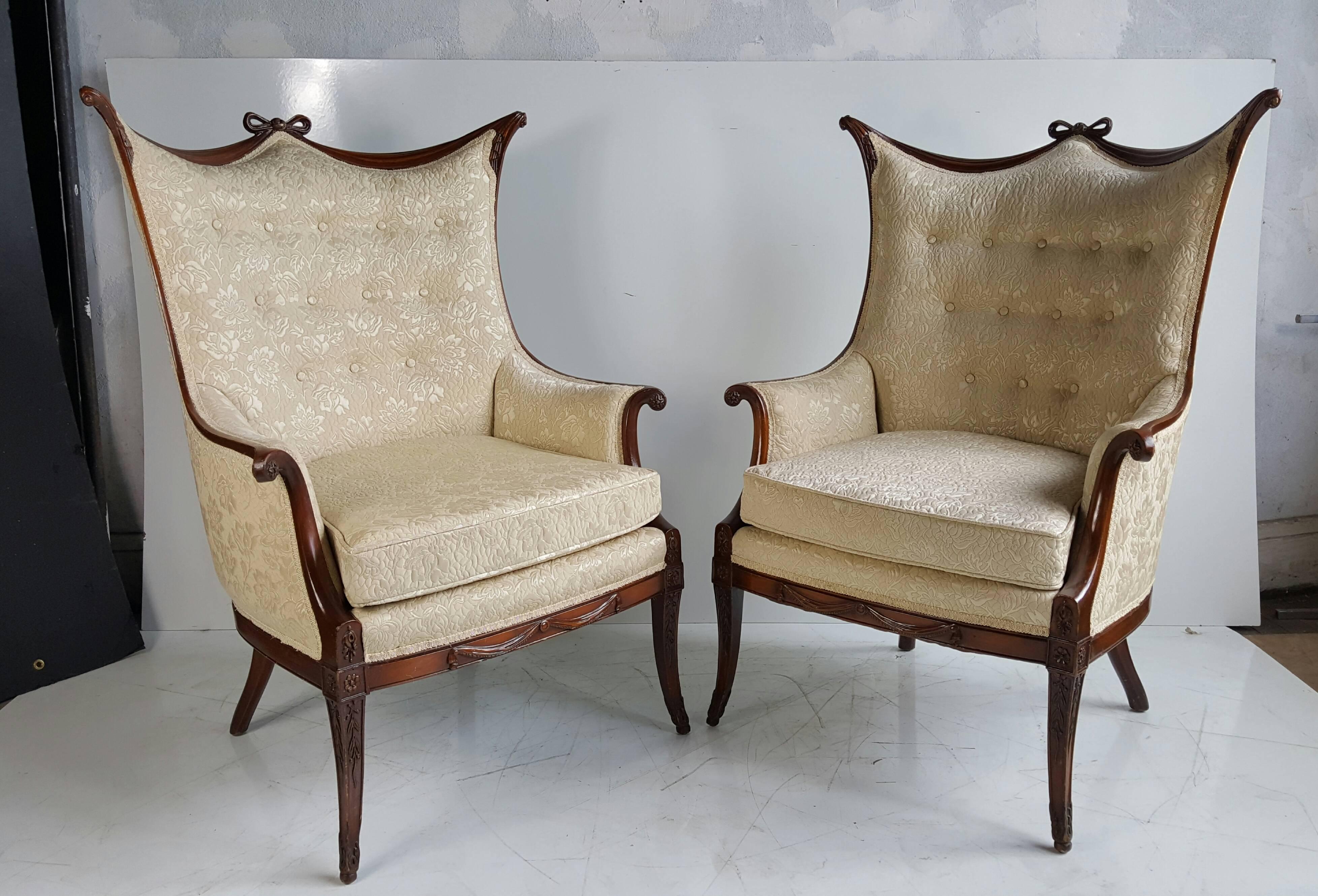 Carved Pair of Elegant Hollywood Regency Grosfeld Button Tufted Armchairs