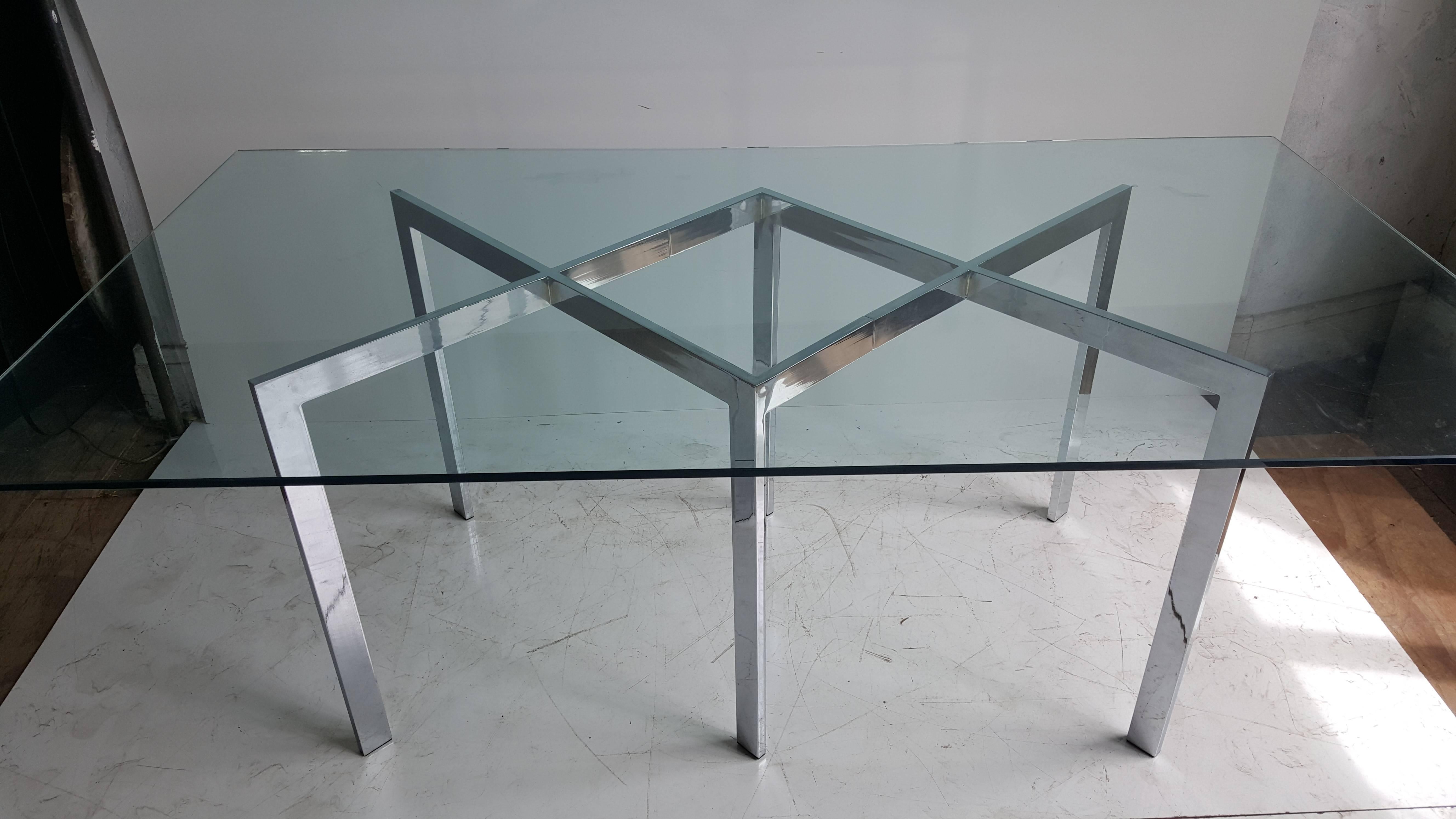 Classic Milo Baughman, Thayer Coggin dining table. Amazing double X-chromed steel base. Original 1/2 inch glass top. The base measures 55.75