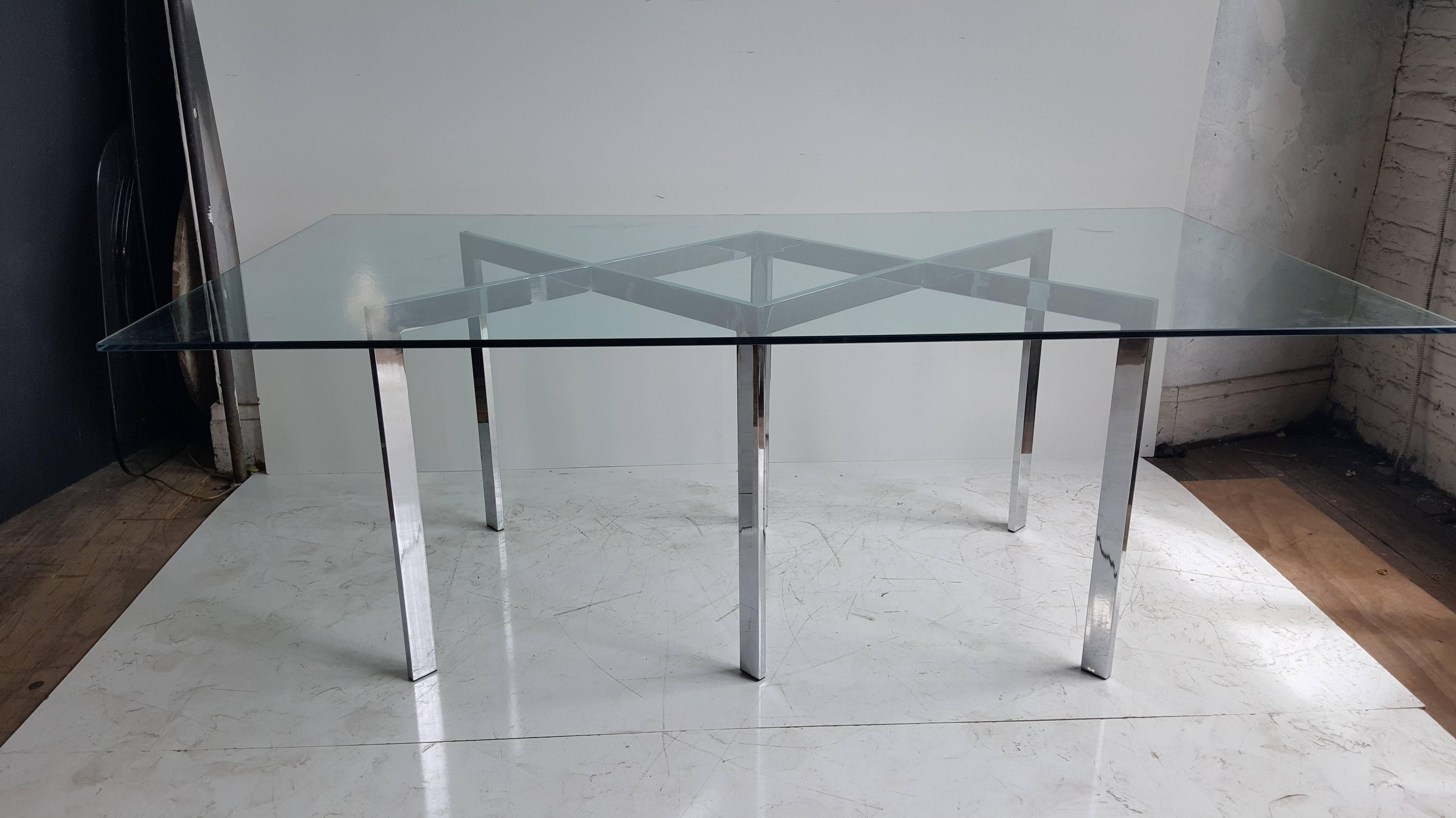 Mid-Century Modern Milo Baughman, Thayer Coggin Chrome X Base and Glass Dining Table