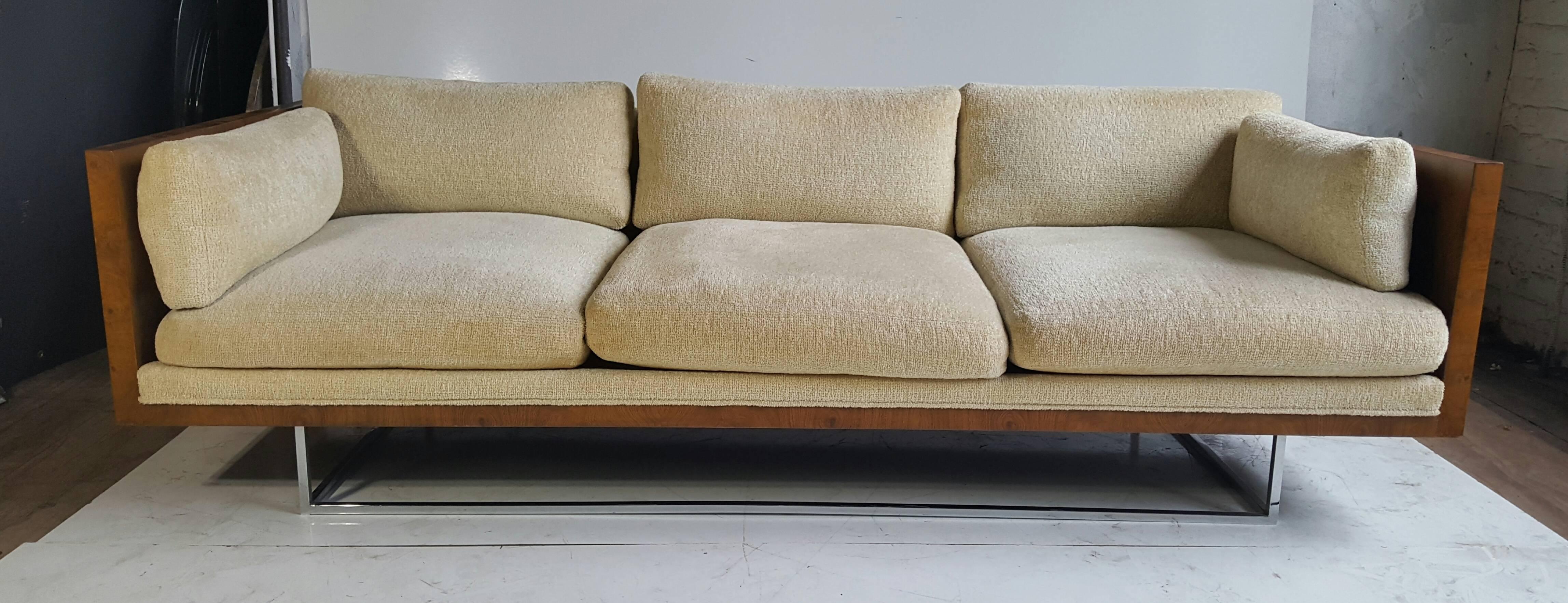 Stunning Milo Baughman Floating Burl and Chrome Tuxedo (case)Sofa,,, In my opinion,,one of Milo's best design,, Classic even arm, burl wood, 3 seat sofa,, Wonderful book matched grain,,Retains original off white fabric,,minor fading and