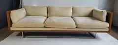 Stunning Milo Baughman Floating Burl and Chrome Tuxedo (case)Sofa
