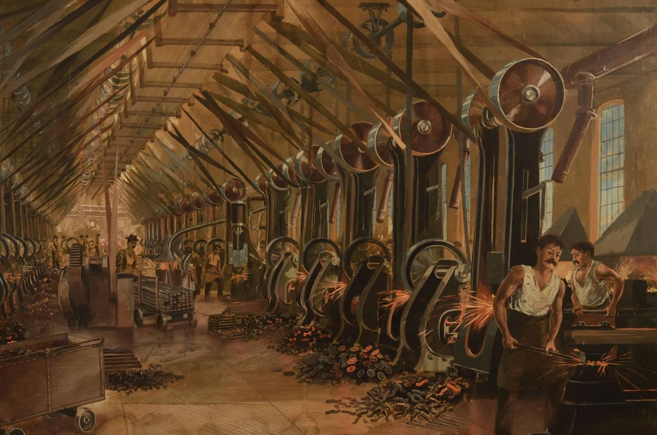 Rare Gouache on Paper painting executed by world renowned artist and draftsman Richard Rummell, depicting the interior of the famed J.H. Williams & Co drop forging factory, crazy detail, amazing use of color. You feel like your right there! The