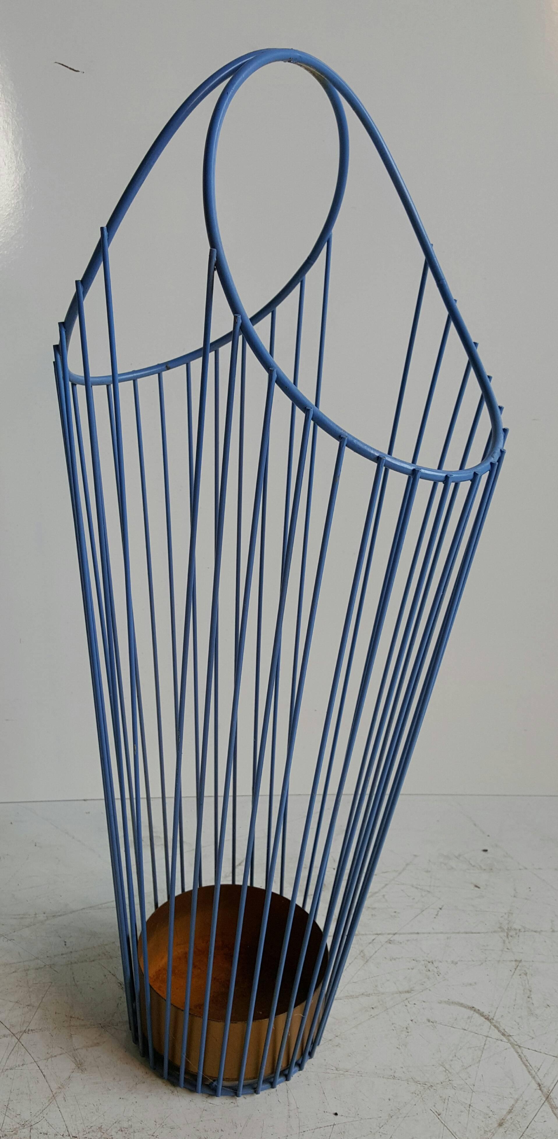 American Modernist Wire Iron Umbrella Stand, Painted Periwinkle Blue, Mathieu Matégot