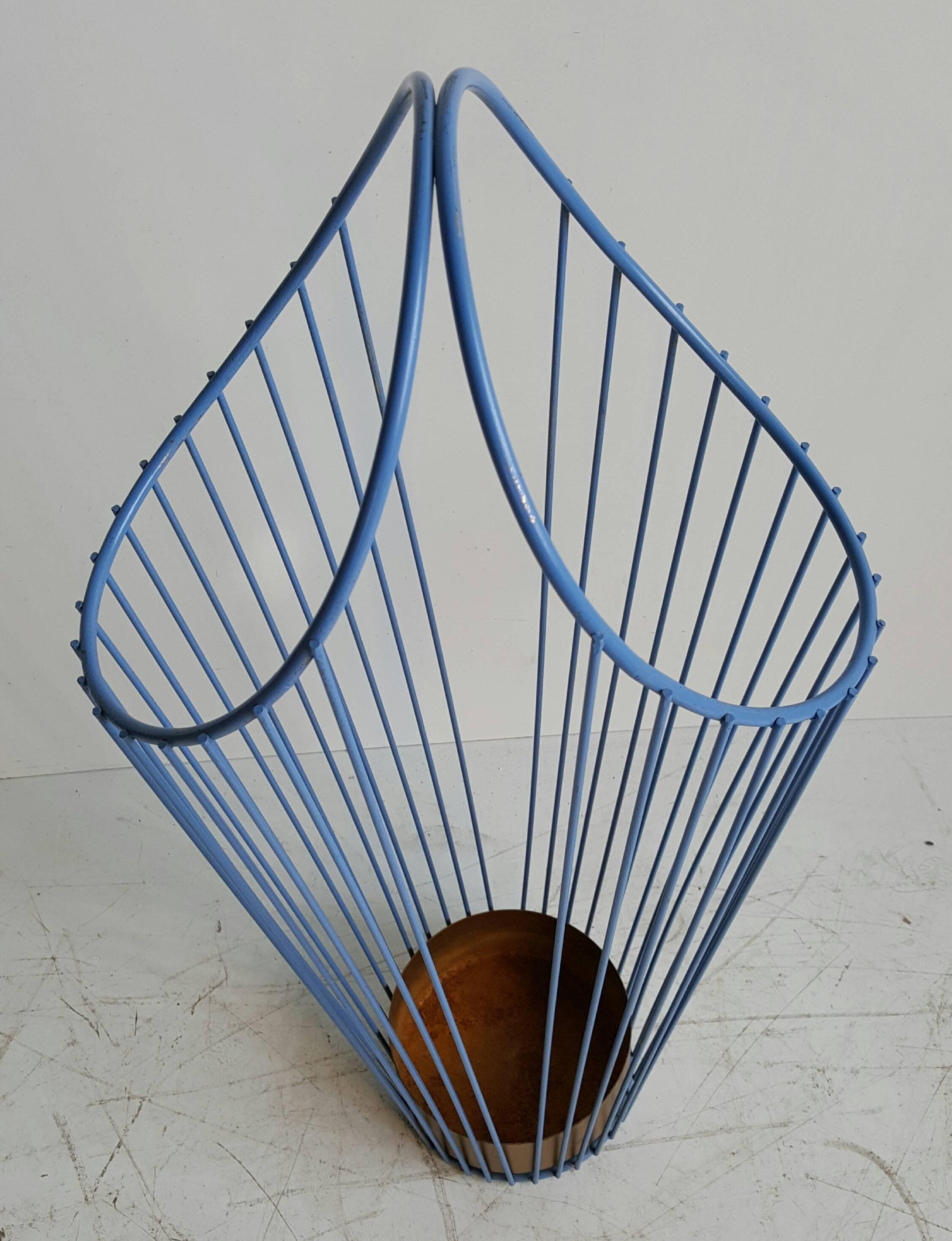 20th Century Modernist Wire Iron Umbrella Stand, Painted Periwinkle Blue, Mathieu Matégot