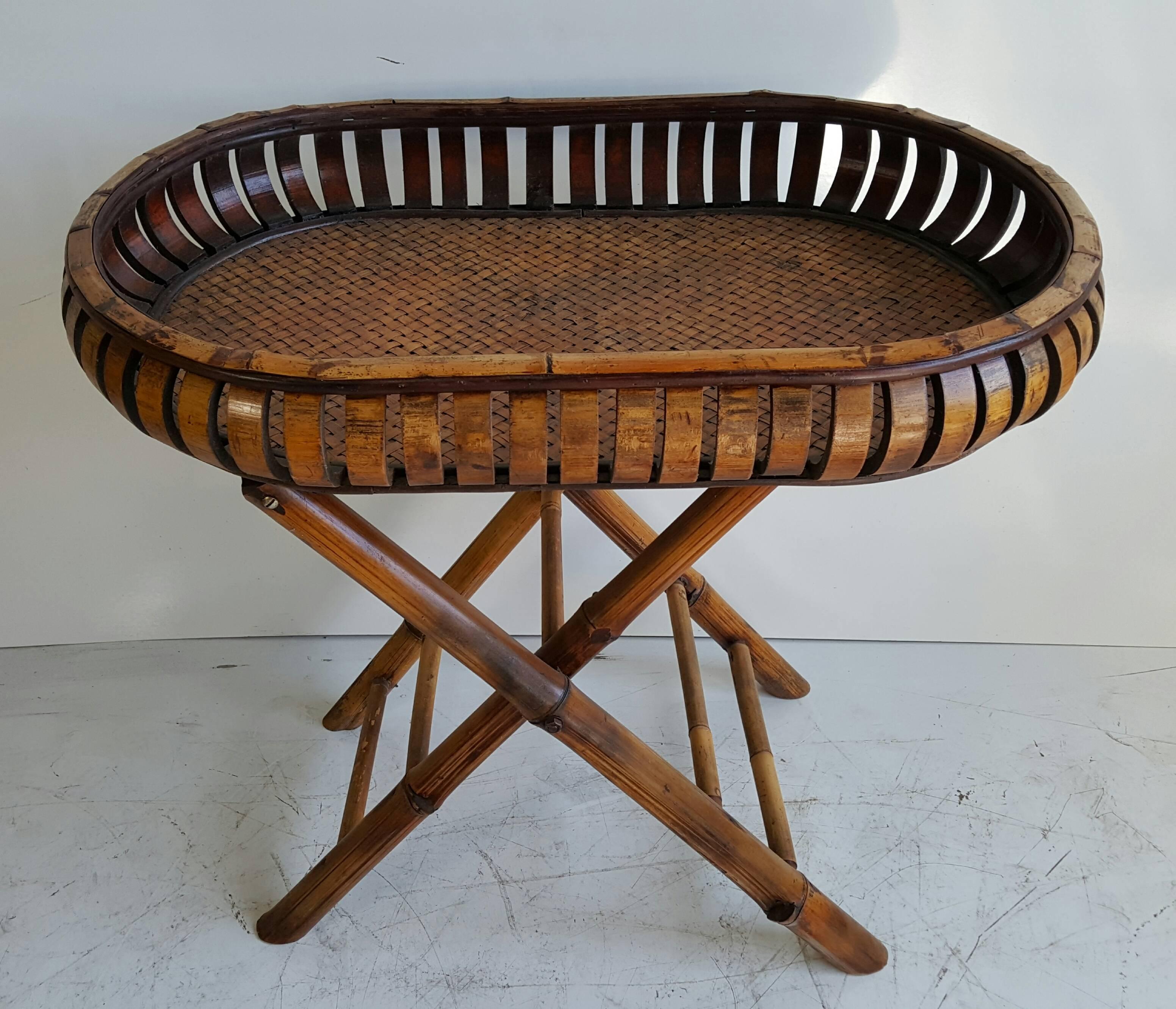 Mid-Century Modern Unusual Modernist Bamboo Folding Serving Tray and Stand