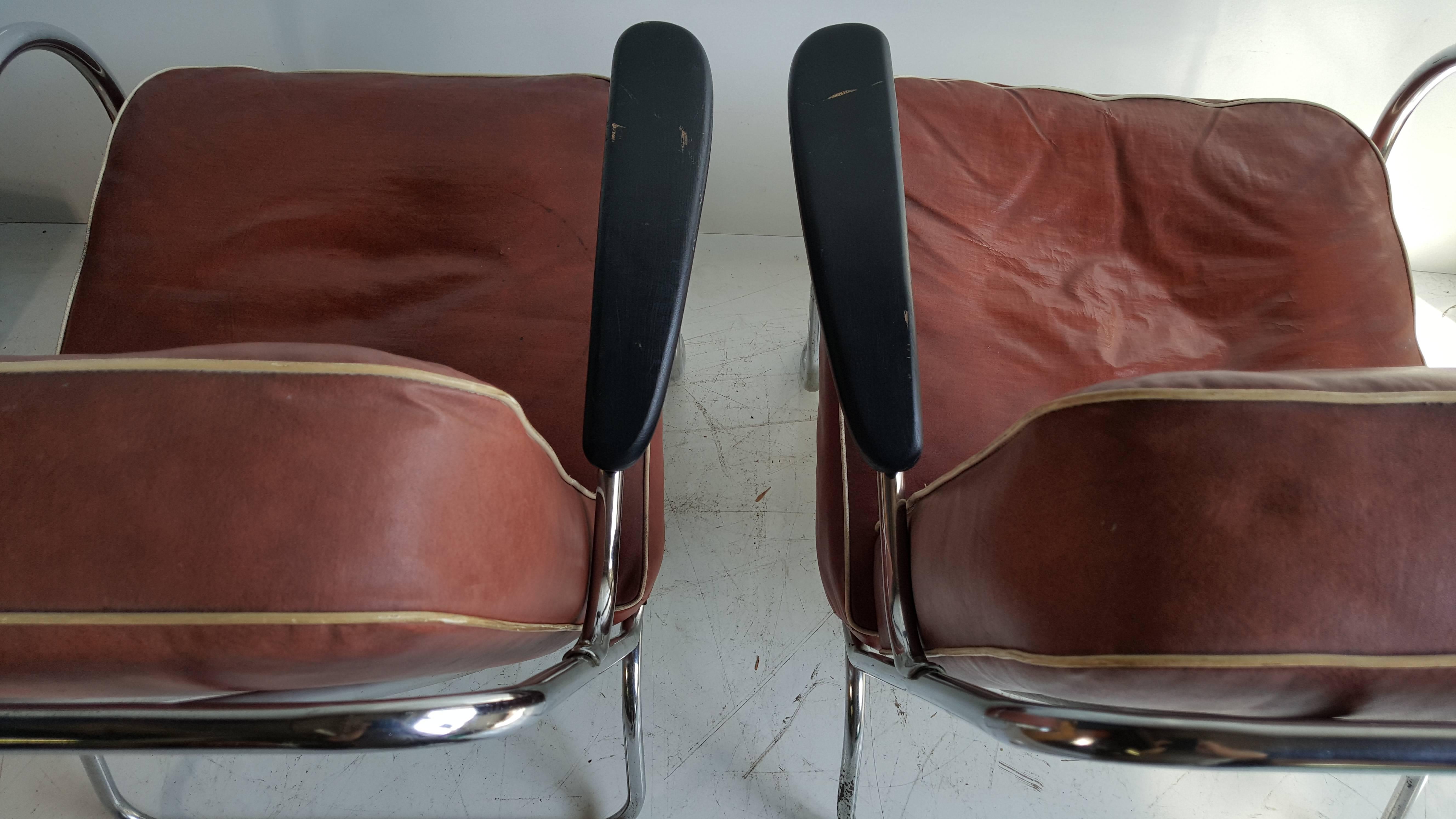 American Pair of Art Deco Tubular Chrome Lounge Chairs, K E M Weber, Lloyd For Sale