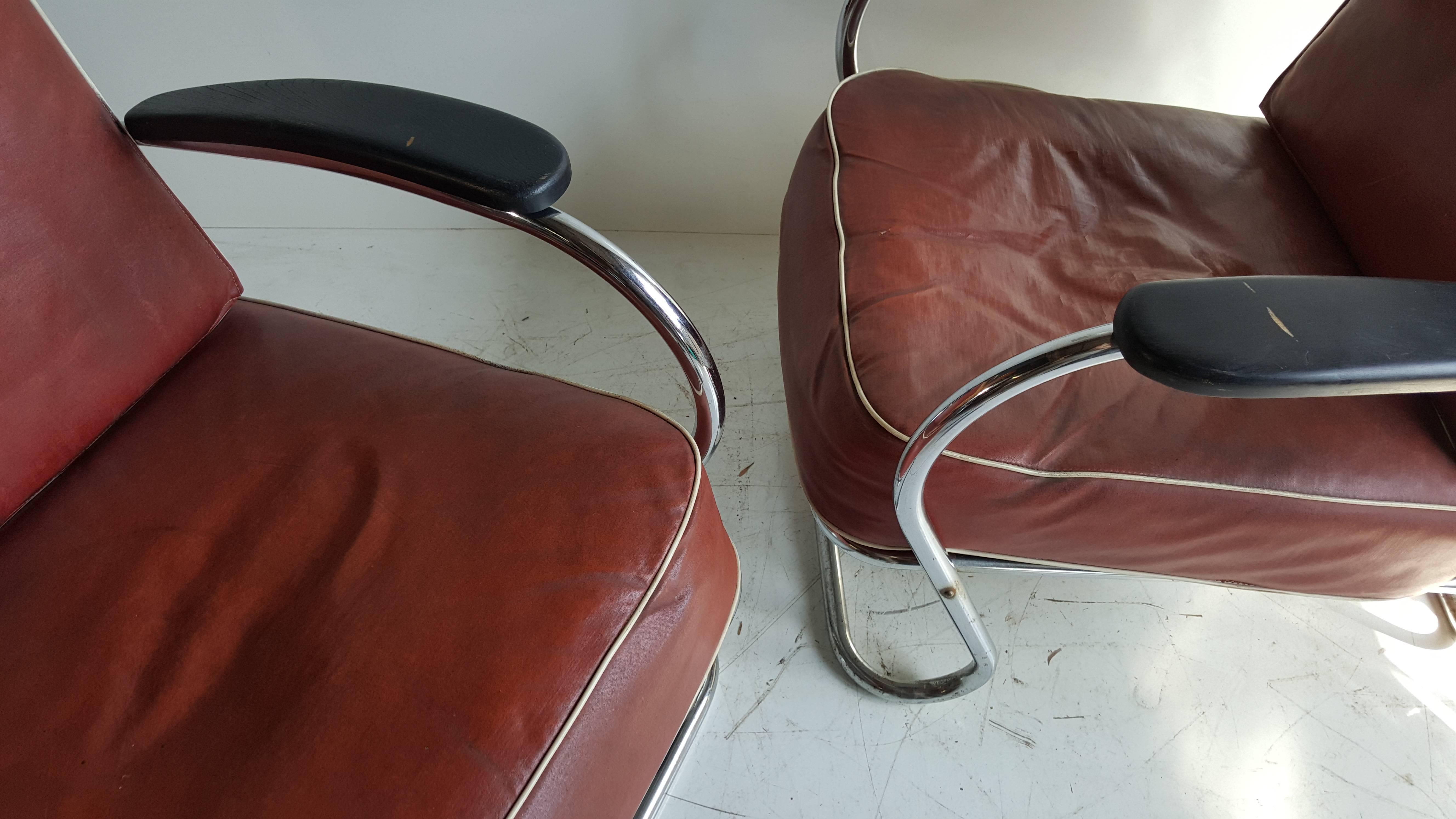 Pareja de sillones de salón Art Decó cromados tubulares, K E M Weber, Lloyd Estadounidense en venta