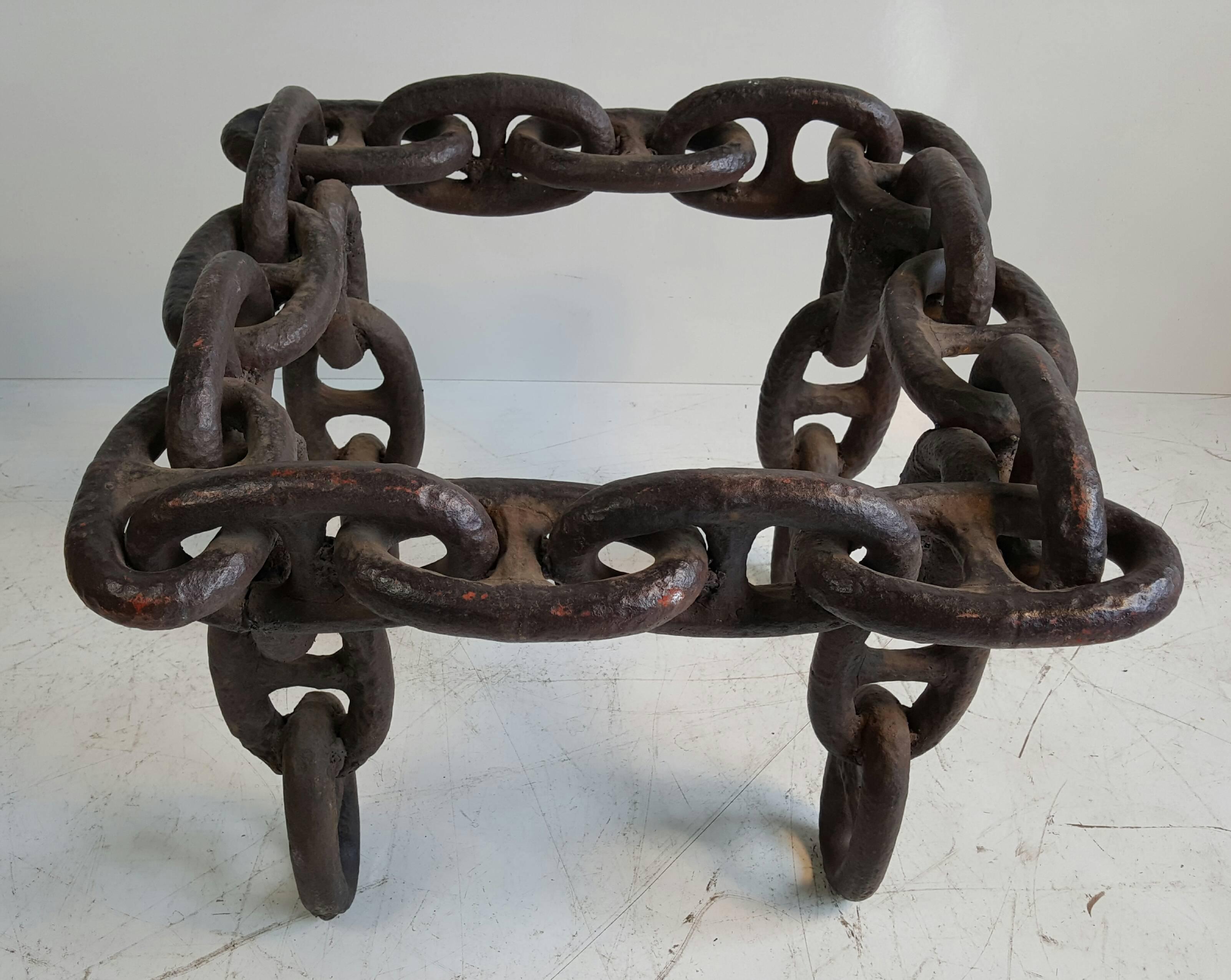 Heavy Mid-Century welded iron ship chain Industrial table. Massive chain welded, joined to make a wonderful table base, Great proportion and scale, Industrial, yet sophisticated and elegant, Can hold glass from 22
