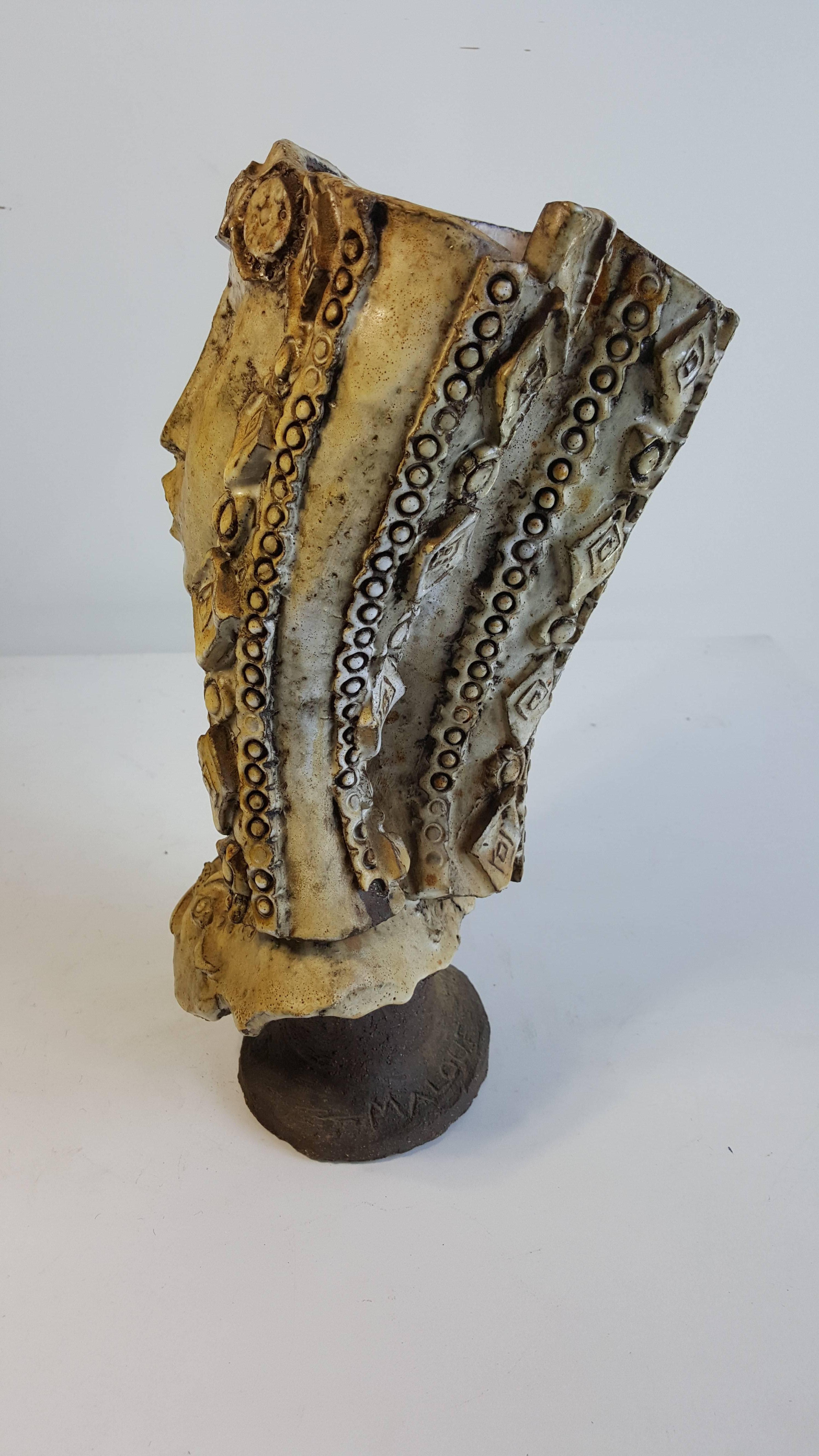 Brutalist Women's Head Ceramic Sculpture by Carl Malouf 1