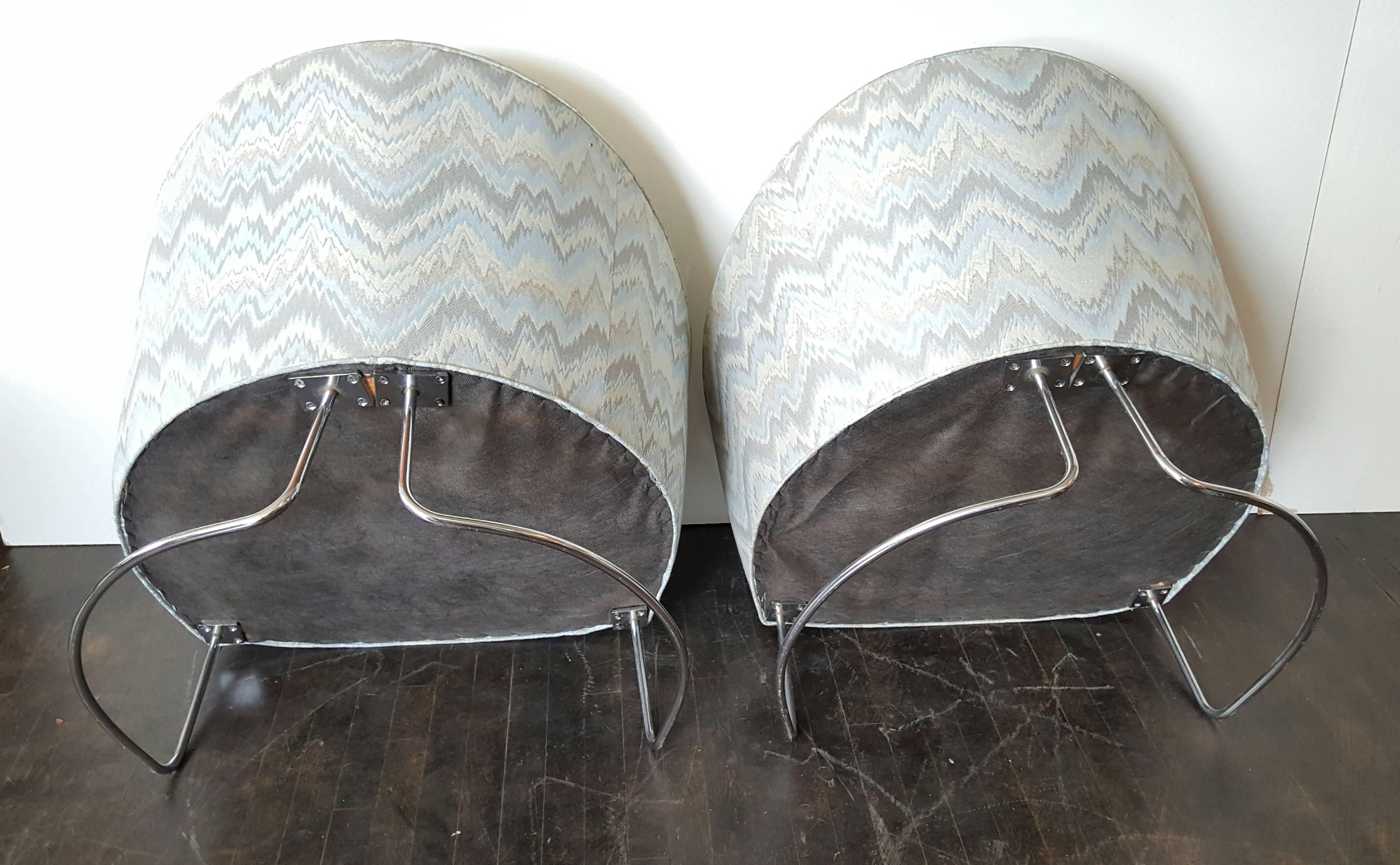 Late 20th Century Classic Pair Tub Chairs, Chrome and Fabric by Milo Baughman
