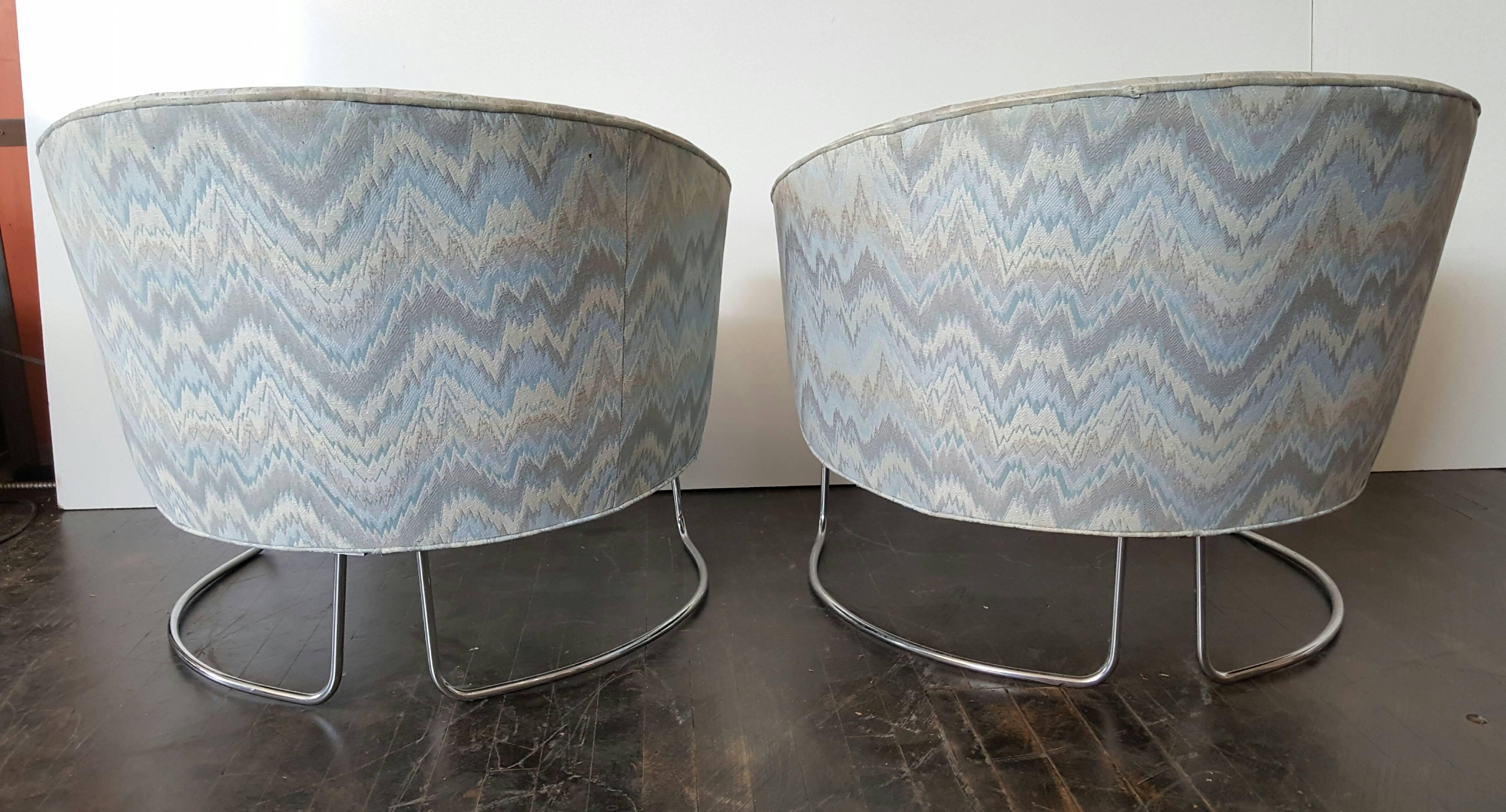 American Classic Pair Tub Chairs, Chrome and Fabric by Milo Baughman