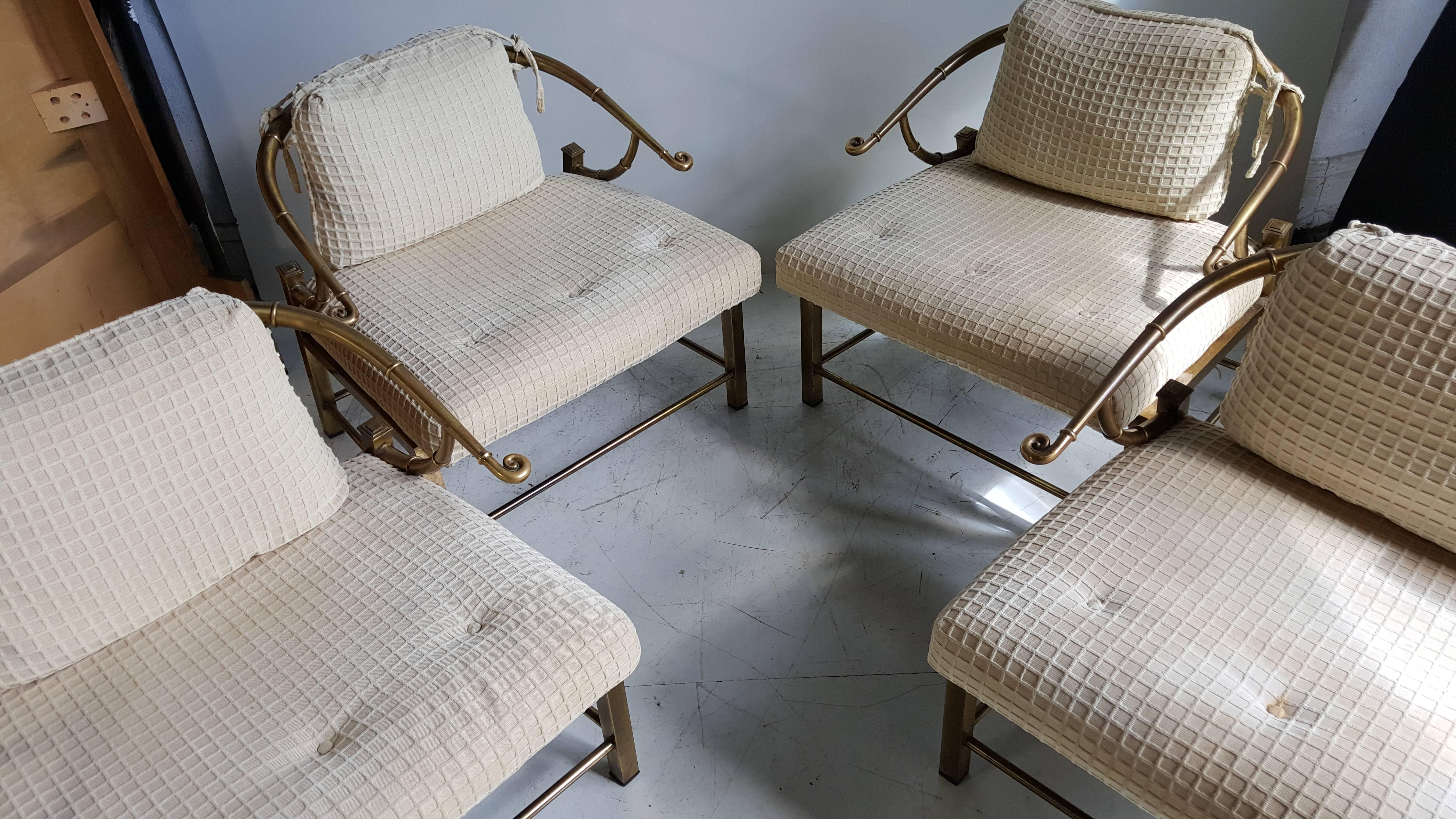 Classic Set of Four Asian Modern Brass Regency Lounge Chairs by Mastercraft 1