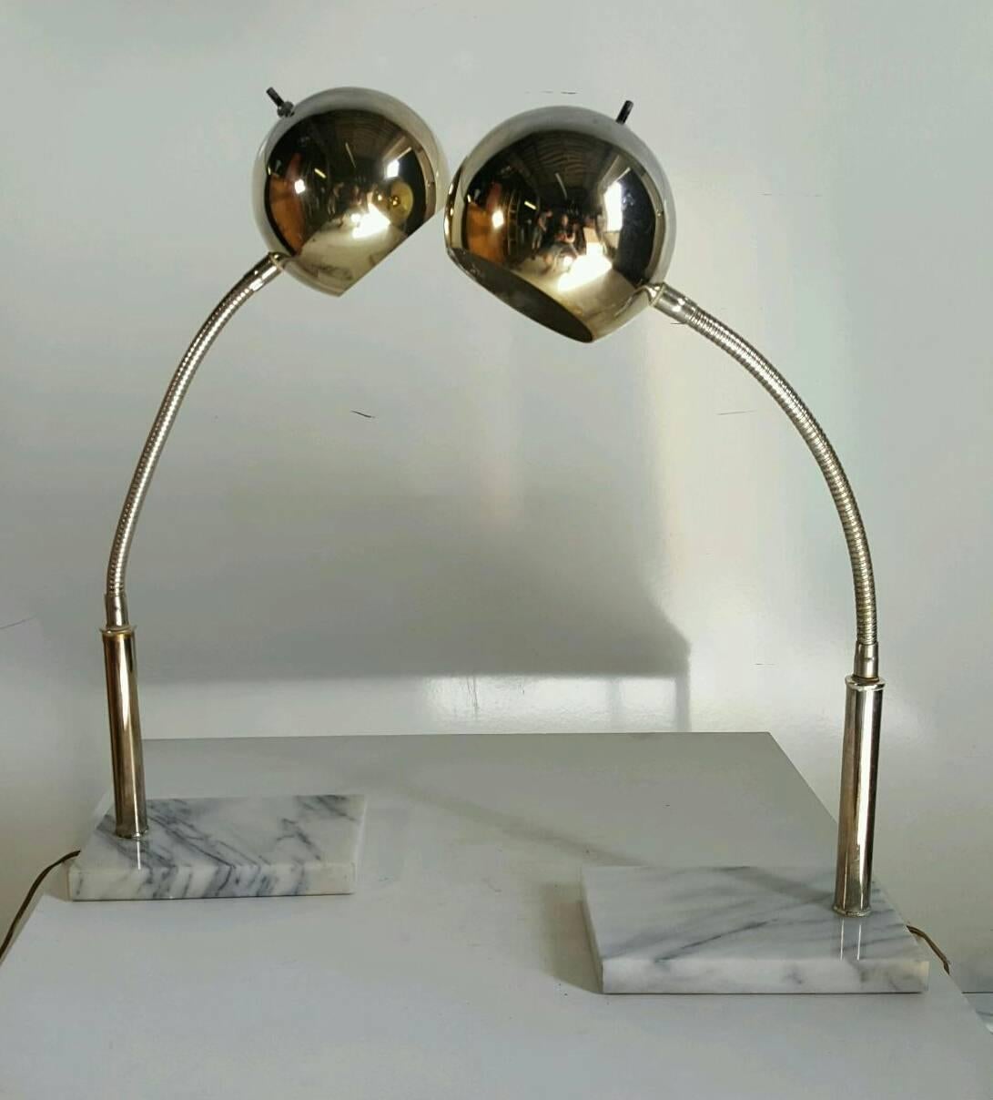 American Pair of Mid-Century Modern Italian Marble and Chrome Eye Ball Lamps