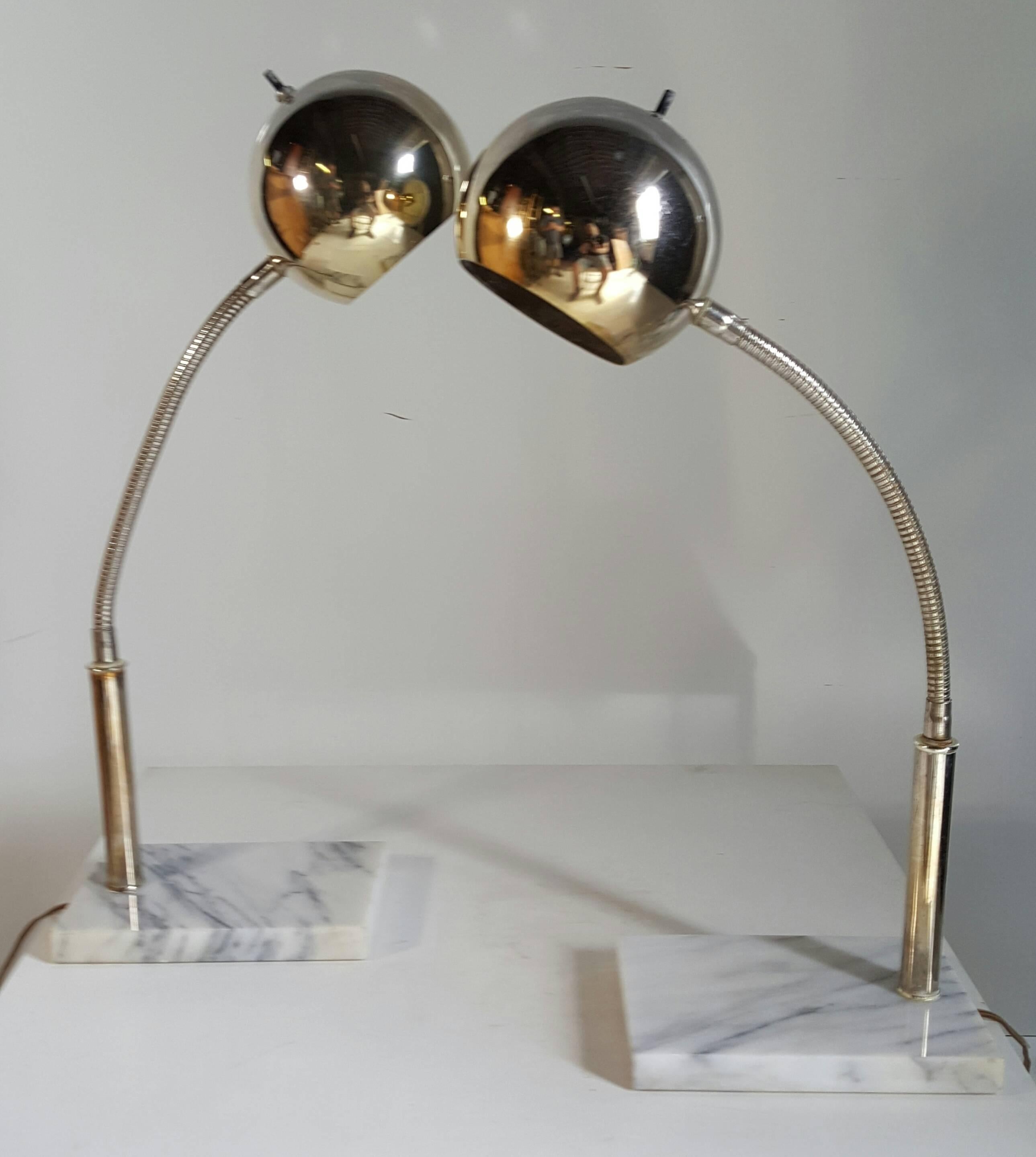 Brass Pair of Mid-Century Modern Italian Marble and Chrome Eye Ball Lamps