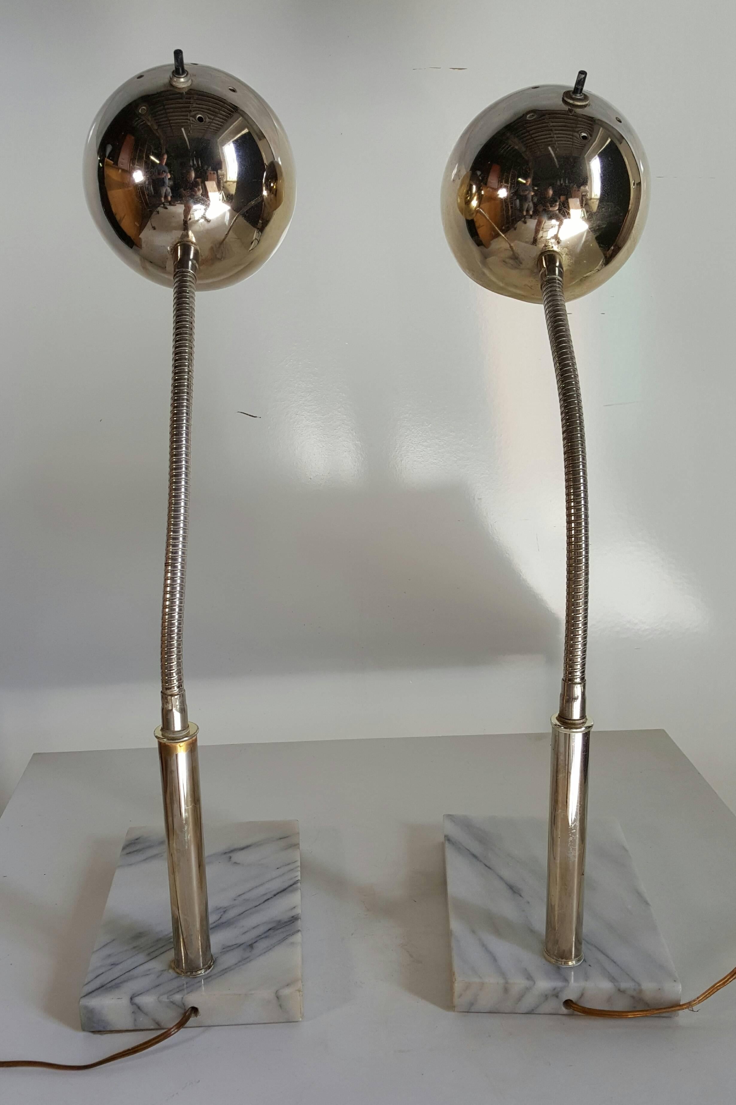 Pair of Mid-Century Modern Italian Marble and Chrome Eye Ball Lamps 1