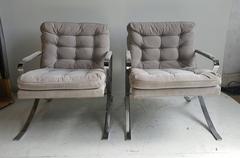 Pair of 1970s Flat Steel Chrome Lounge Chairs, Milo Baughman Inspired Bernhardt