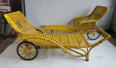 Pair of Unusual Art Deco 'Rickshaw" Split Reed Stick Wicker Chaise Lounge Chairs