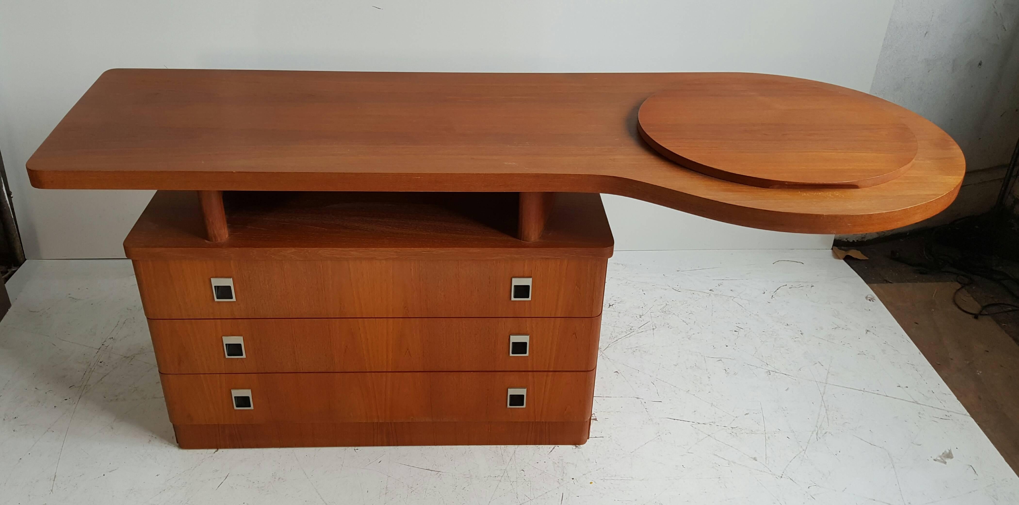Montreal's RS & Associates Furniture, circa expo 1967, Seldom seen piece. Amazing design, three-drawer chest with desk and hidden circle hinged mirror.