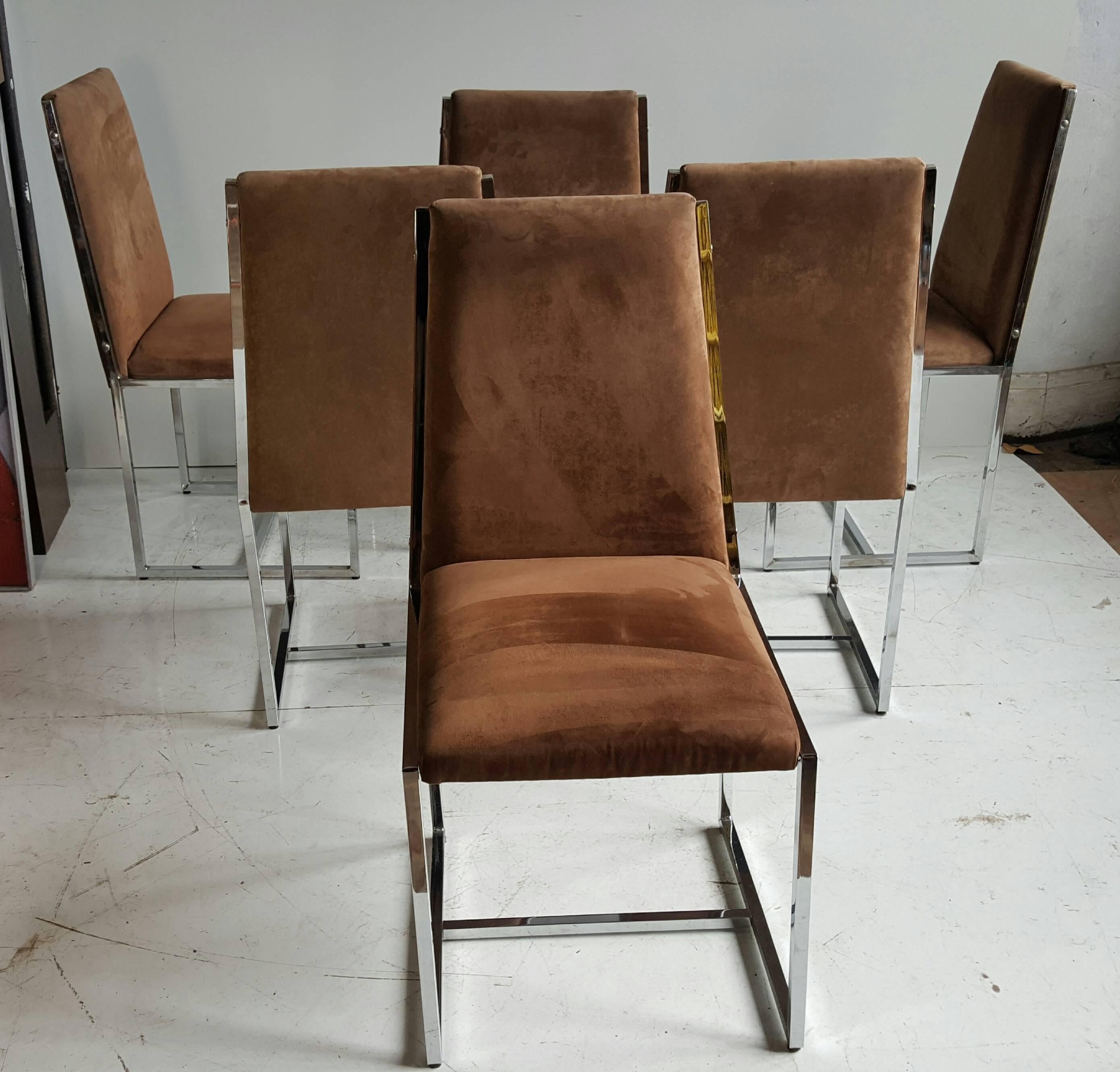 Mid-Century Modern Set of Six Chrome and Fabric Dining Chairs, Manner of Milo Baughman, 1970s