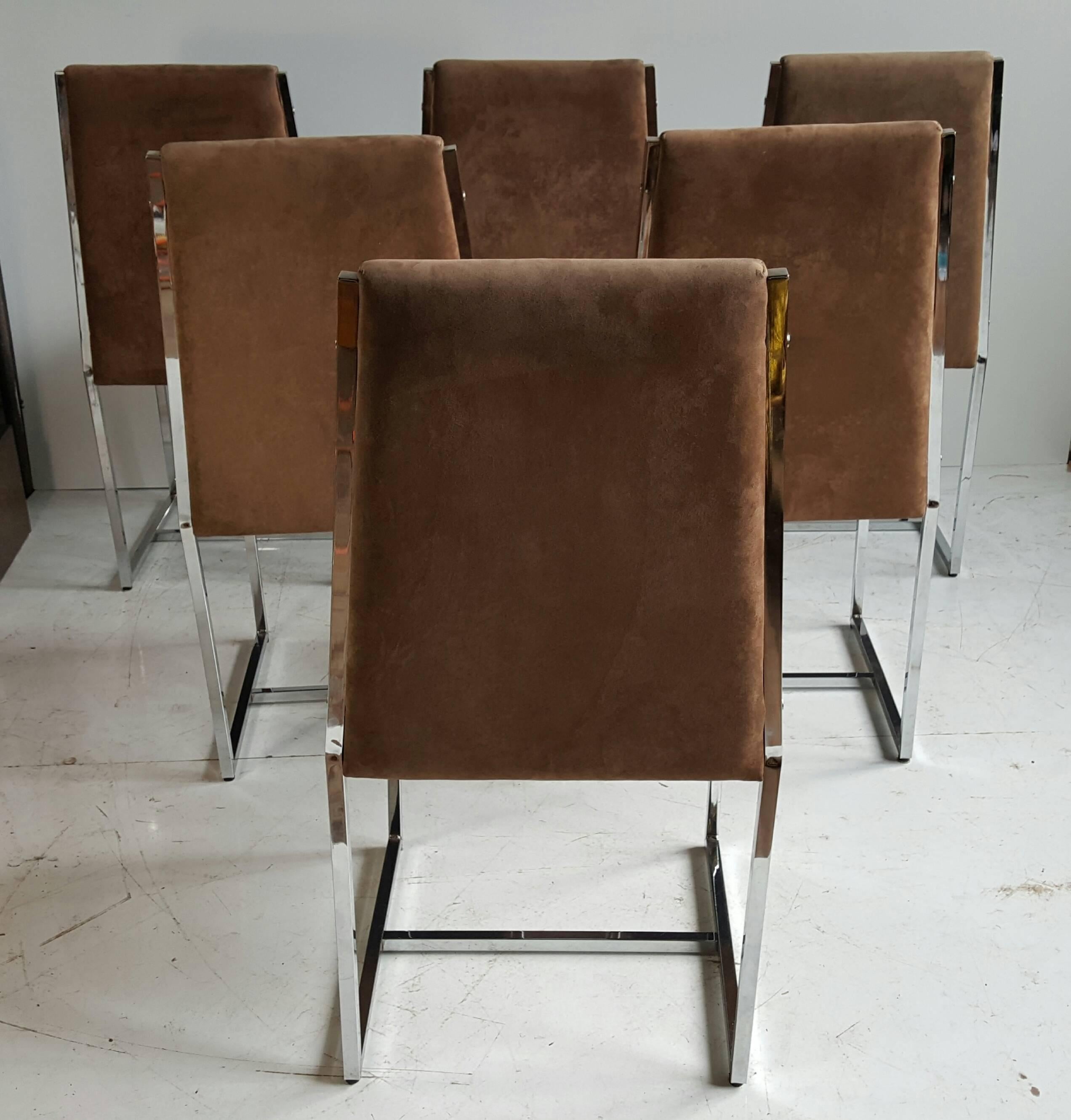 Set of Six Chrome and Fabric Dining Chairs, Manner of Milo Baughman, 1970s 1