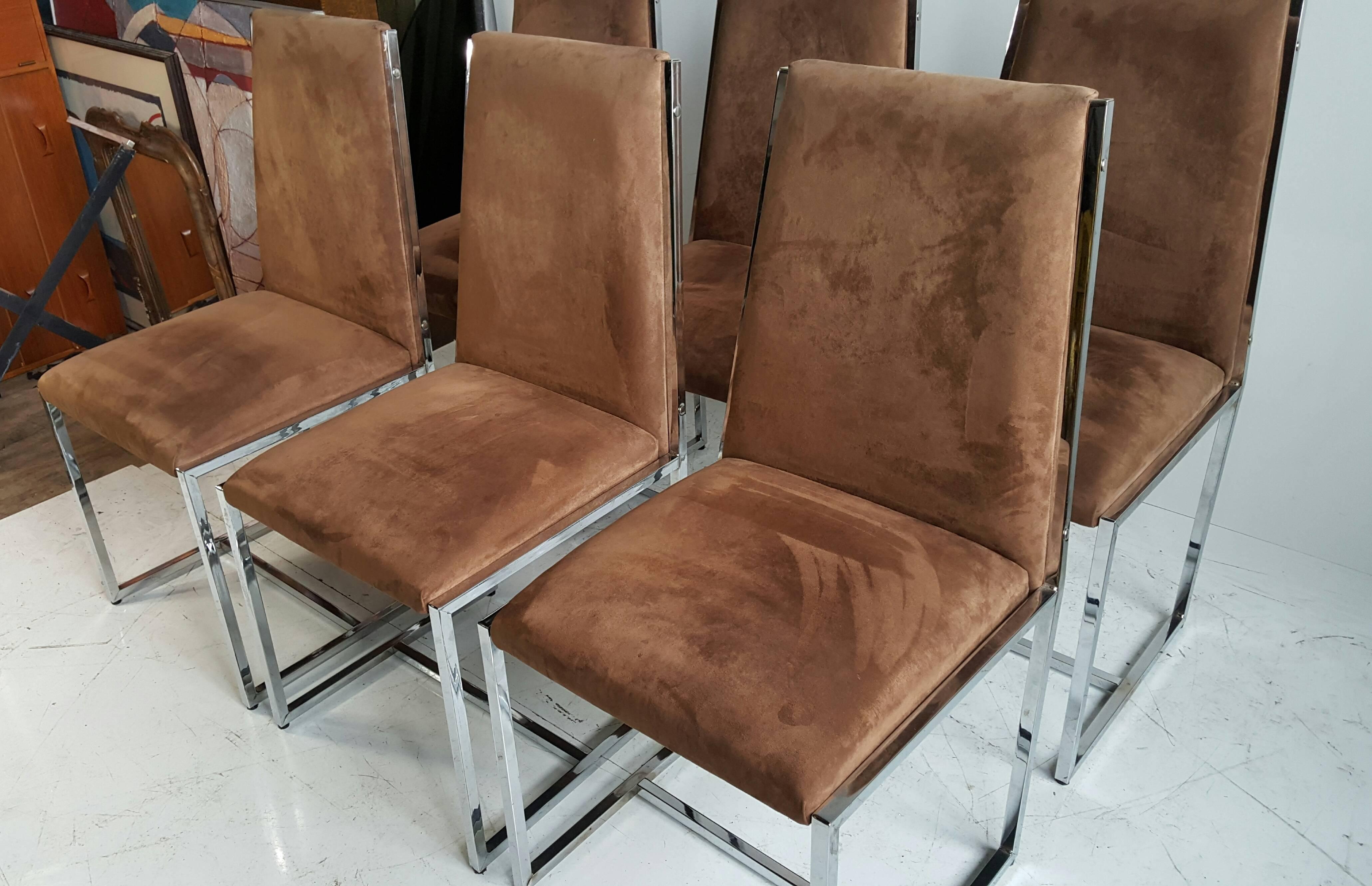 Set of Six Chrome and Fabric Dining Chairs, Manner of Milo Baughman, 1970s 2
