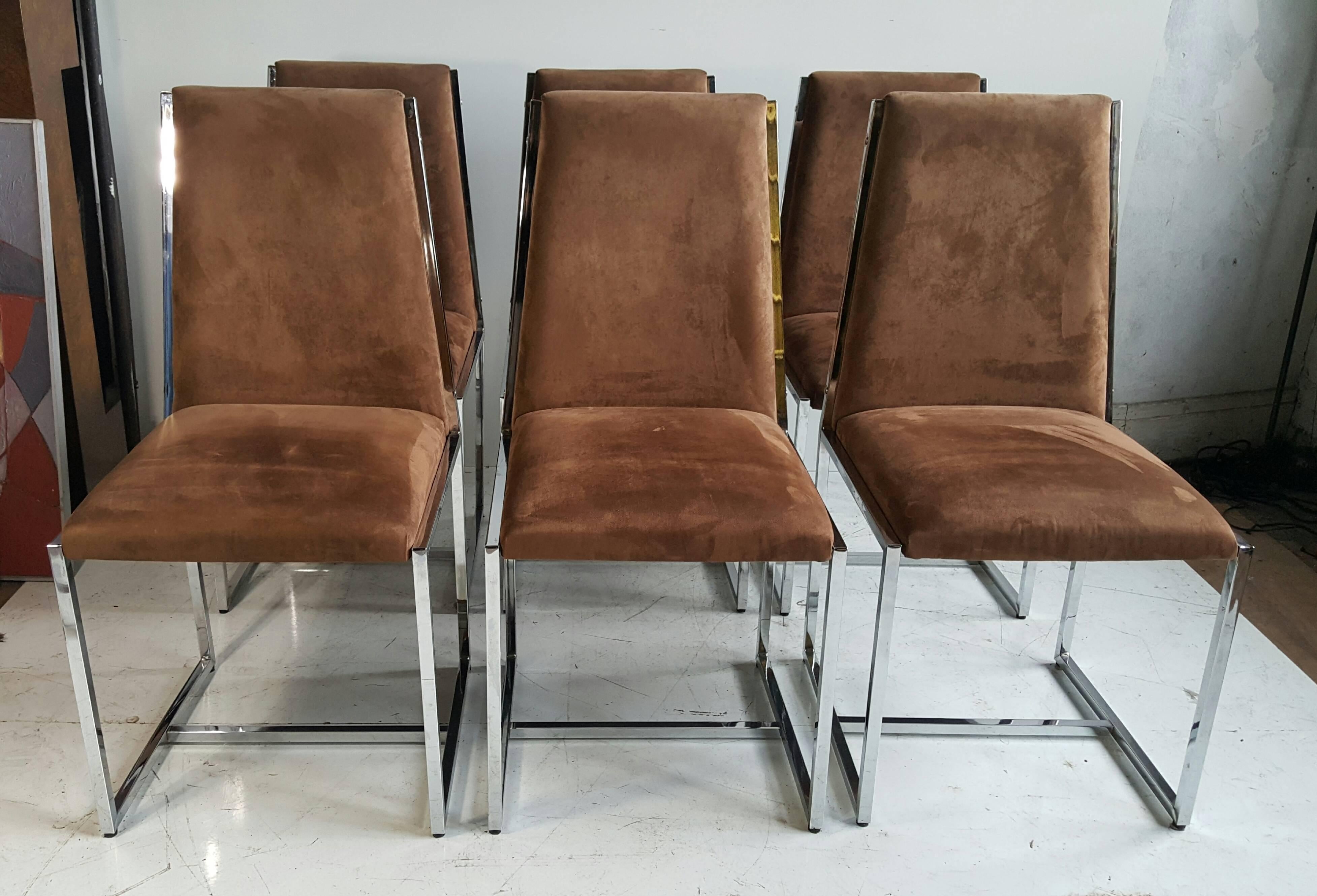 American Set of Six Chrome and Fabric Dining Chairs, Manner of Milo Baughman, 1970s