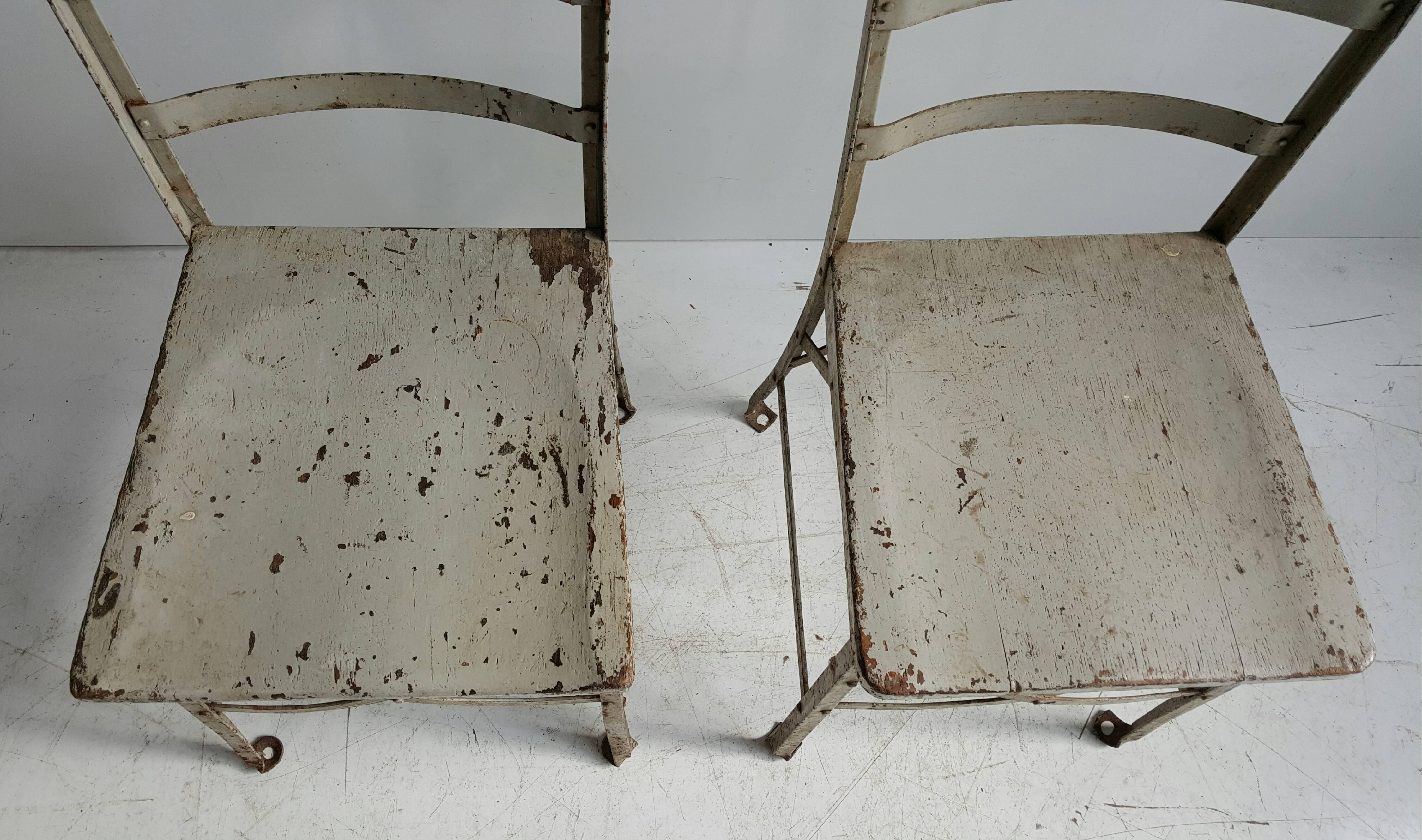 Pair of American Modernist Industrial Chairs, Old Factory Grey Paint, Toledo In Distressed Condition In Buffalo, NY
