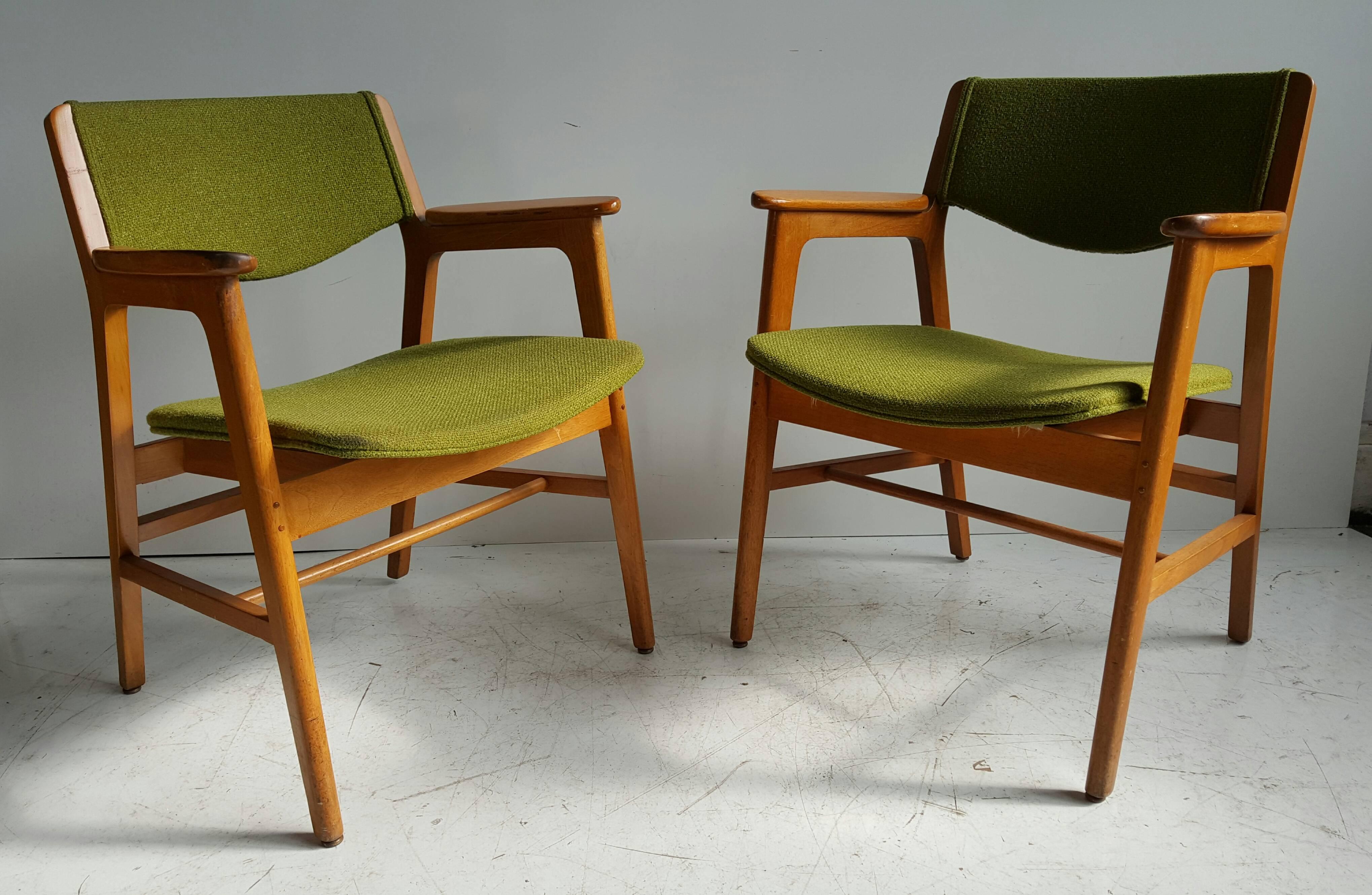 Classic Mid-Century Modern armchairs, manufactured by Gunlocke. Birch/maple wood frames, quality construction you come to expect with Gunlocke furniture. Chairs retain original celadon green wool fabric, great condition, total of six available,
