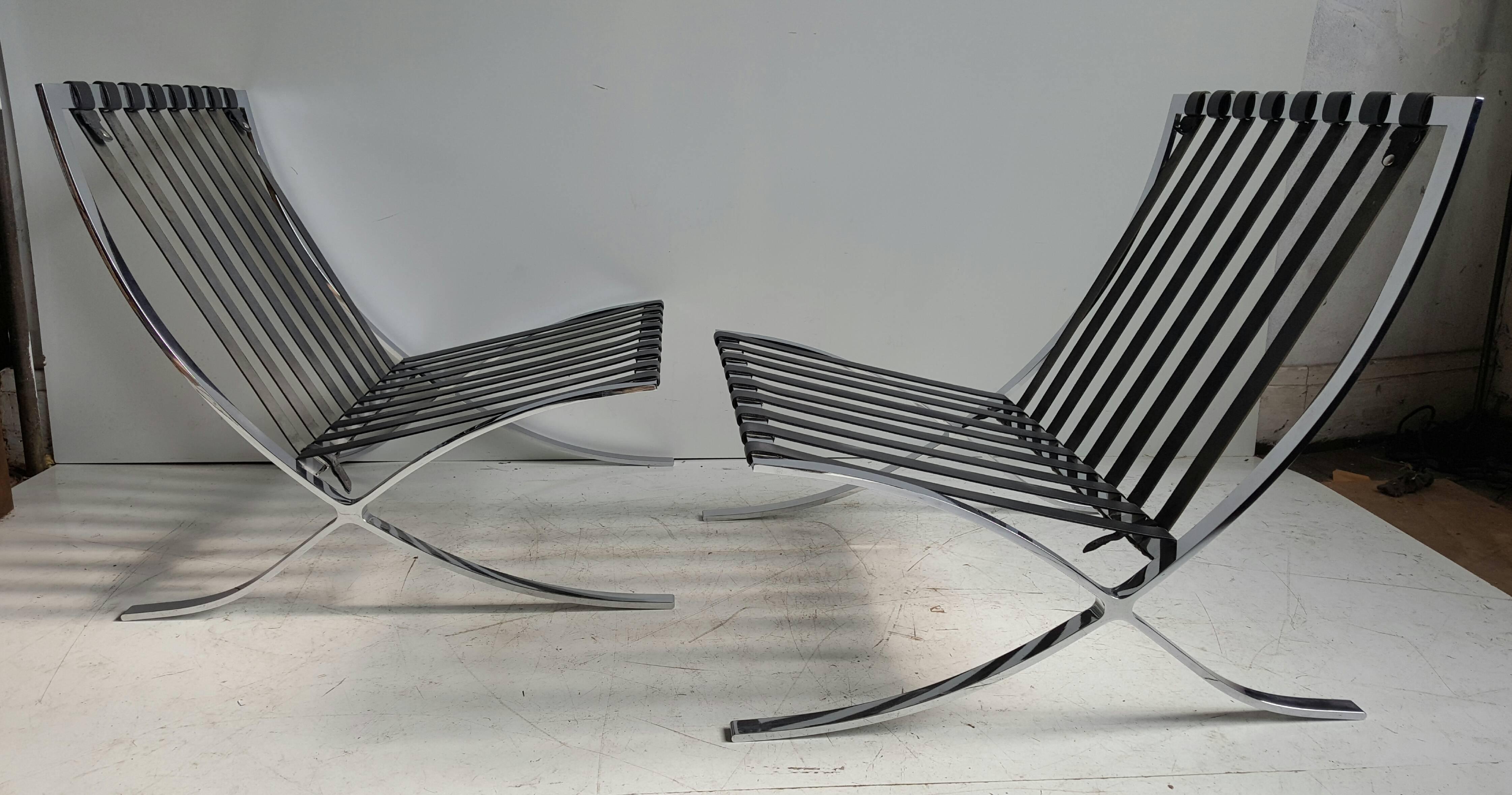 20th Century Classic Pair Modernist Barcelona Chairs, Mies van der Rohe Made in Italy