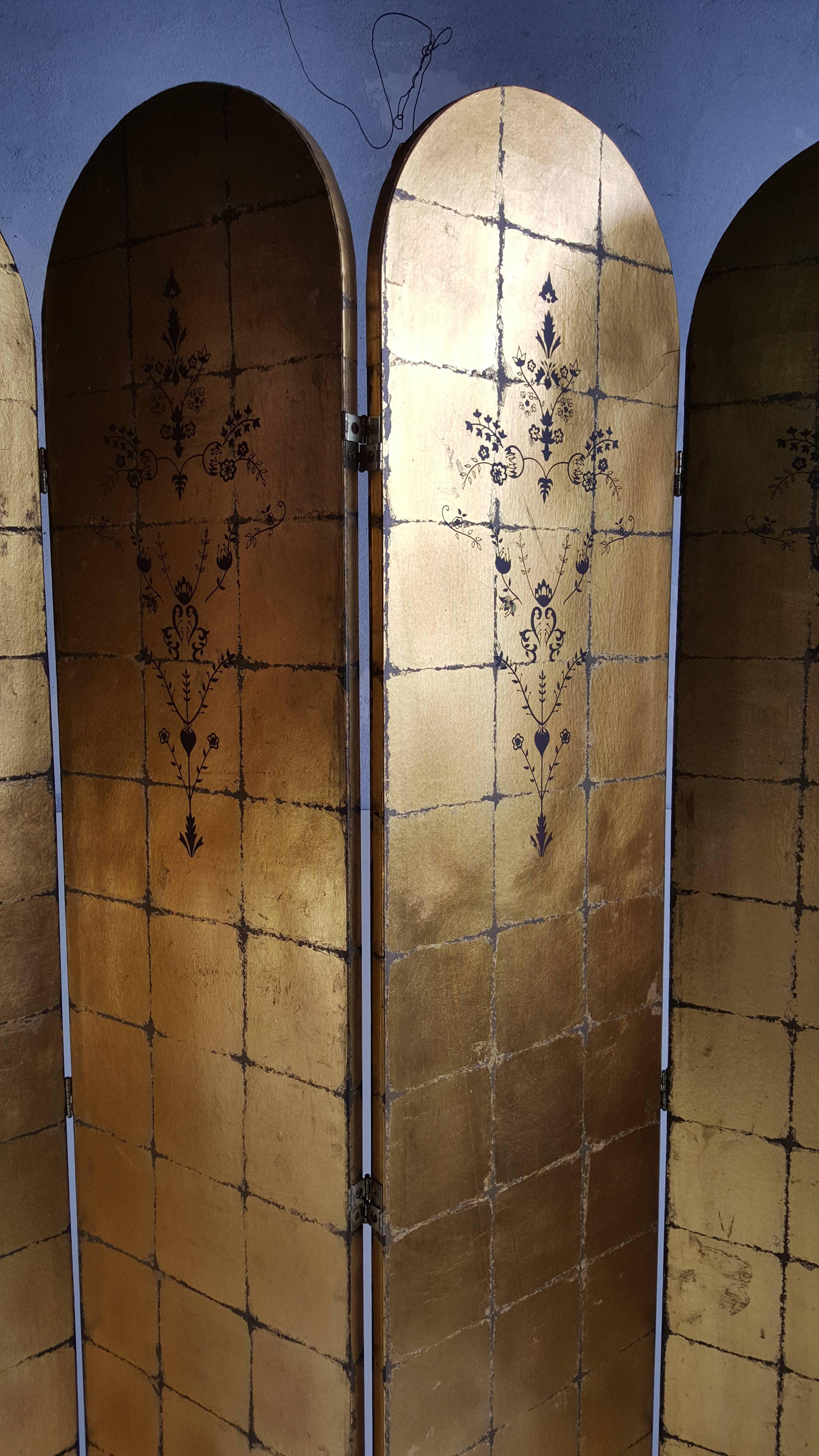 20th Century Highly Decorated Four-Panel Folding Screen /Divider, Gold Leaf, Made in Italy