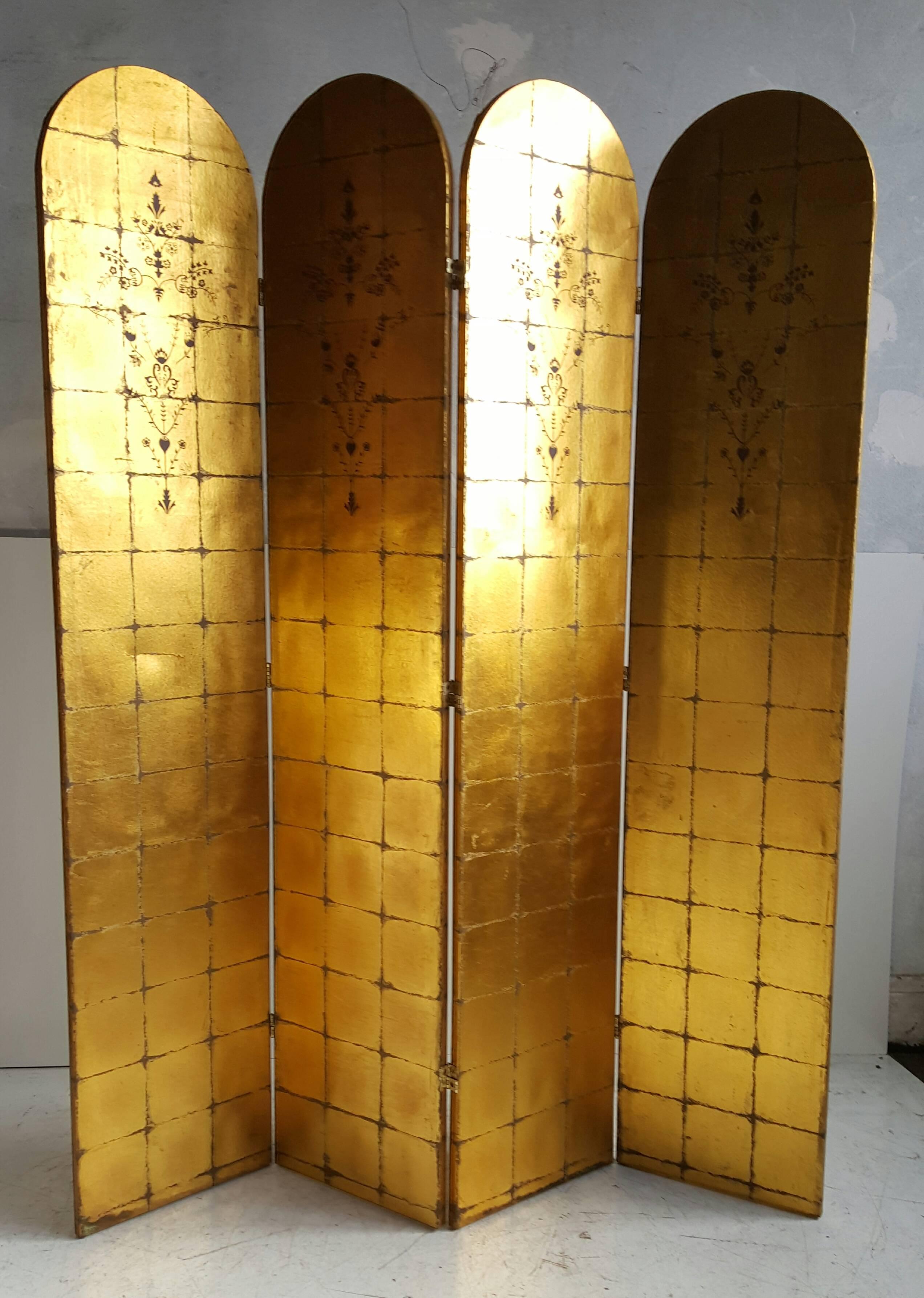 Highly decorated four-panel folding screen or divider, gold leaf, made in Italy, most likely custom, double sided, one side showing hand decorated 