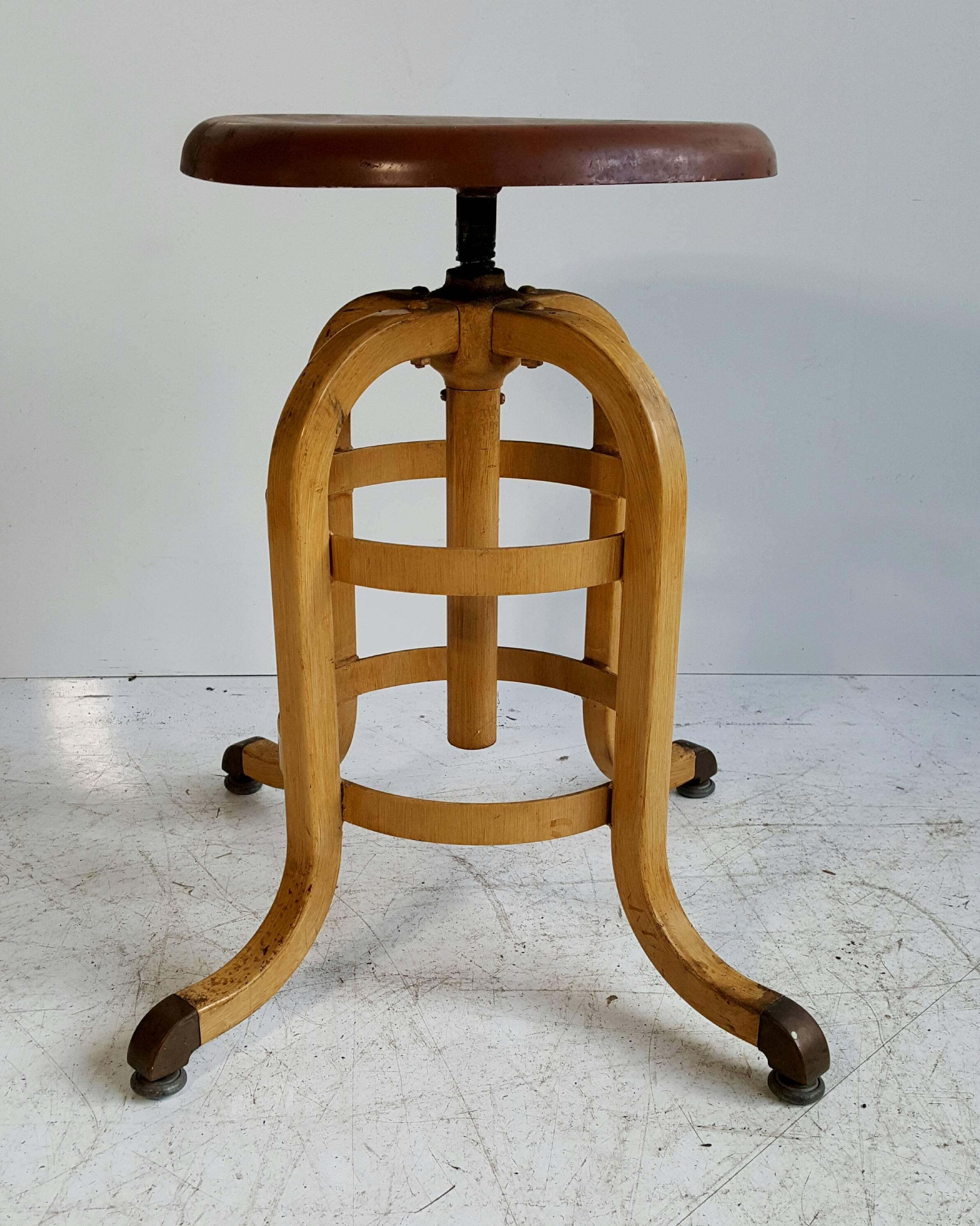 1930s, American Industrial stool, A.S. Aloe Company, pure form and function, wonderful original grain painted frame, swivel, adjustable height from 19
