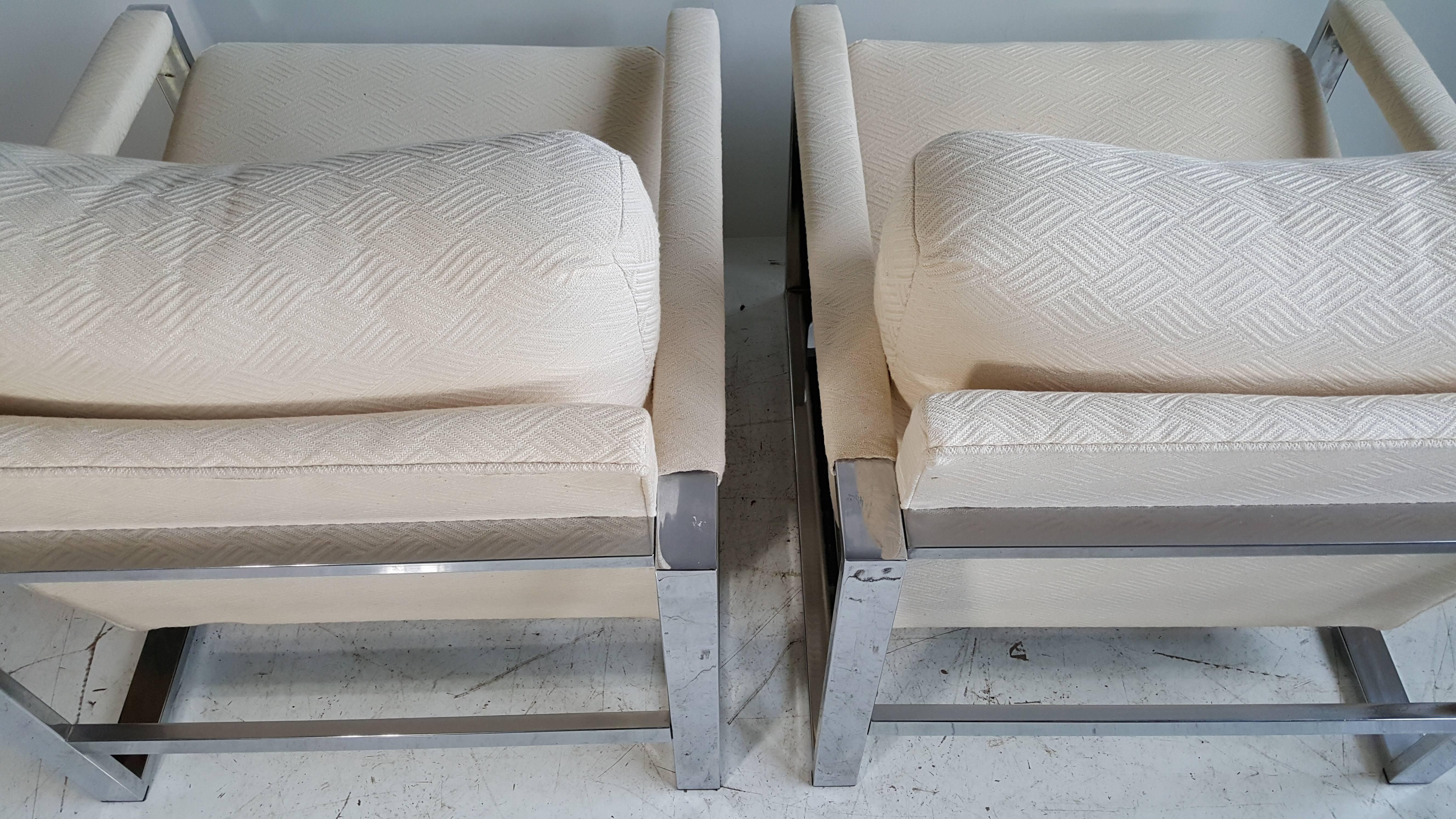 20th Century Pair of Chrome and Fabric Lounge Chairs, Designed by Milo Baughman