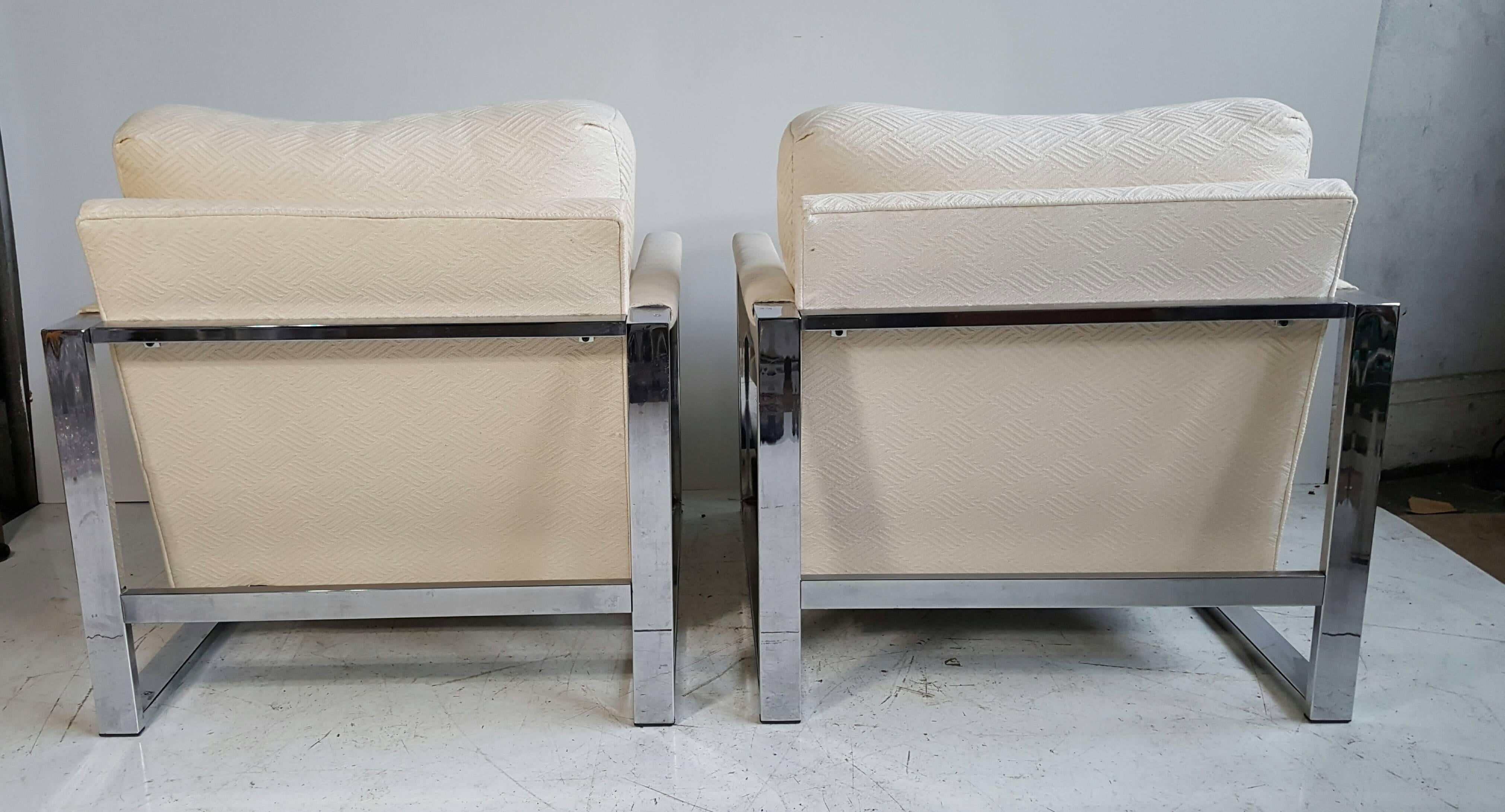 American Pair of Chrome and Fabric Lounge Chairs, Designed by Milo Baughman