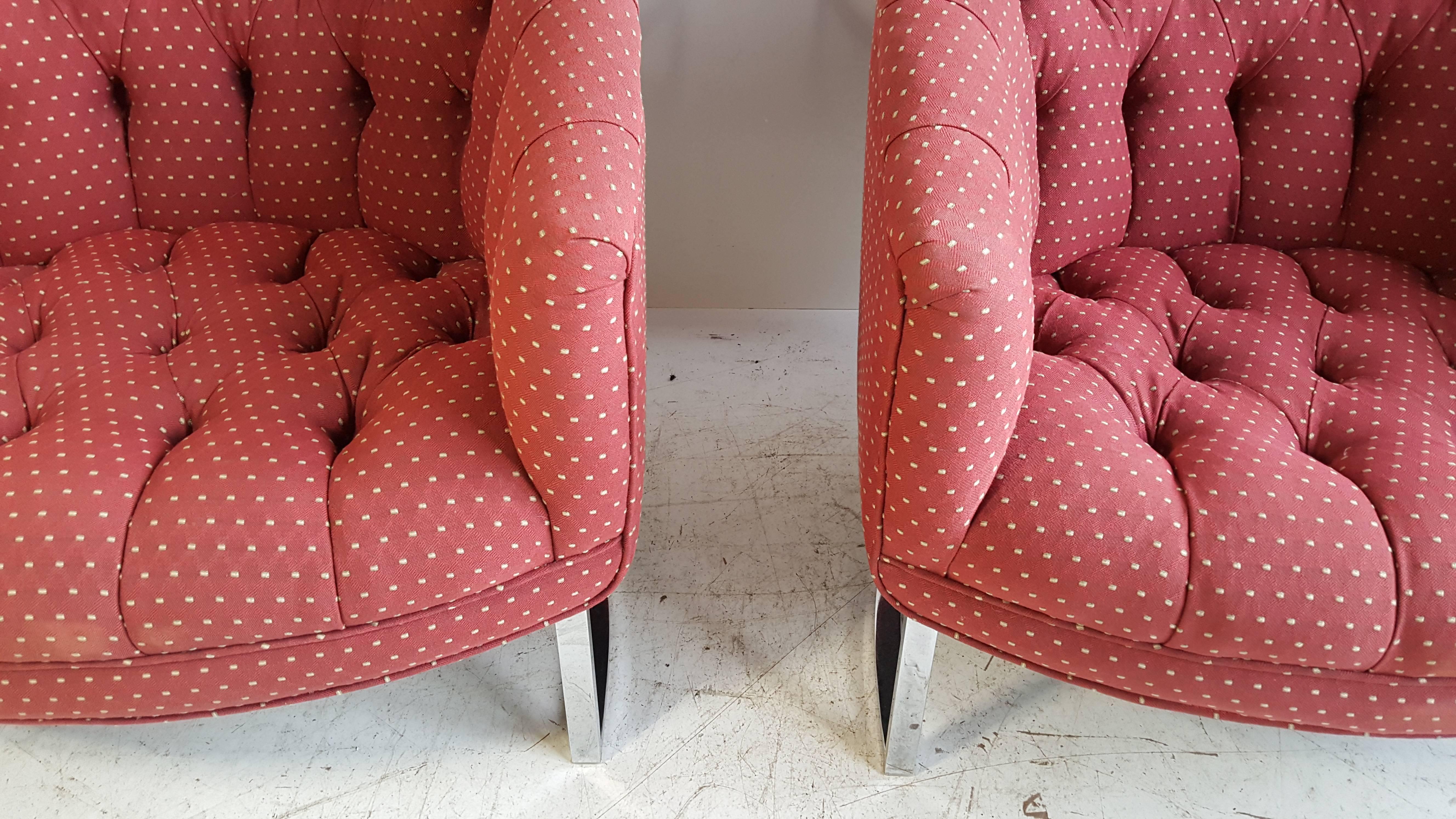 Pair of Chrome and Fabric Button Tufted Milo Baughman Barrel Chairs 2