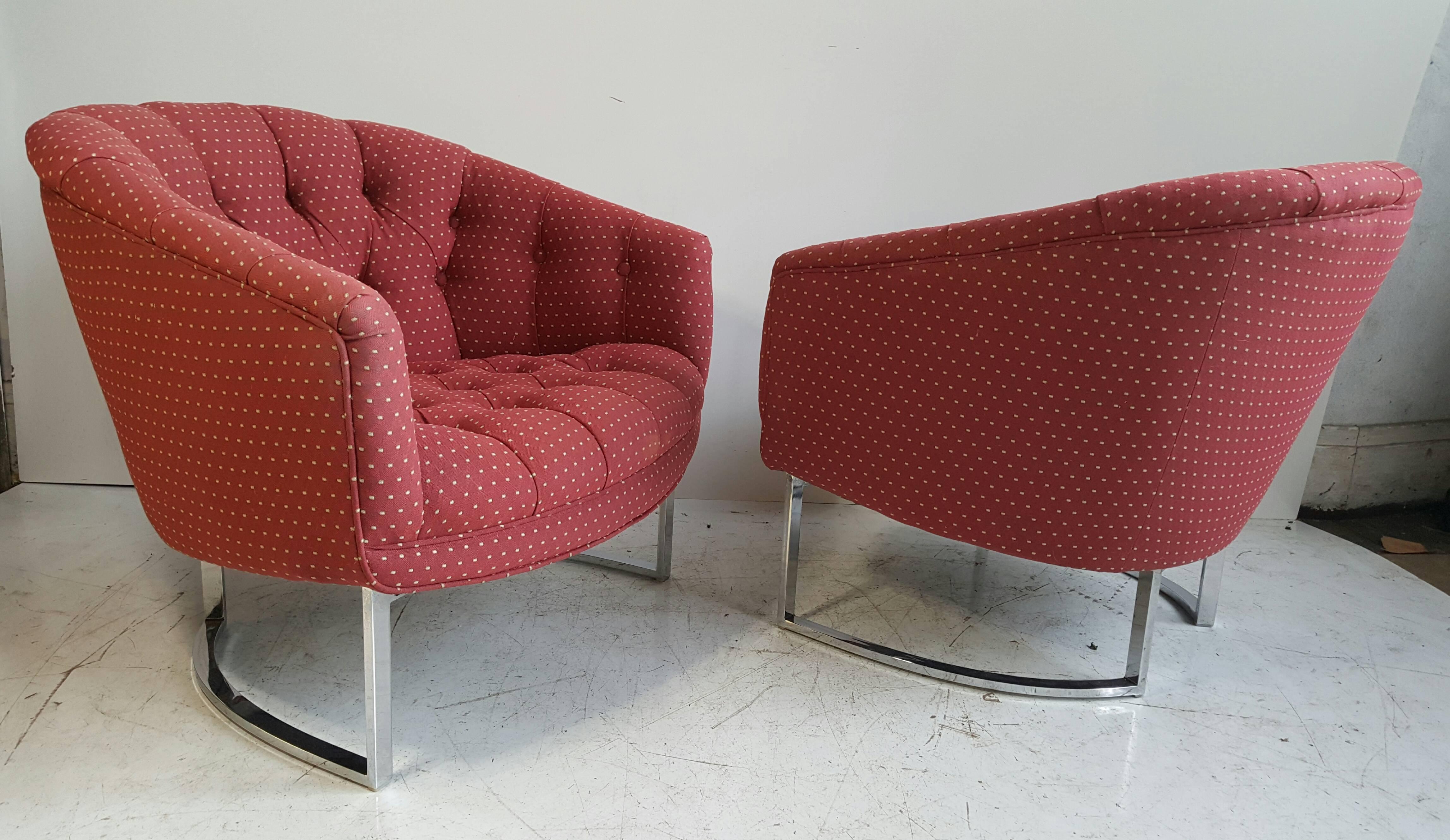 Pair of Chrome and Fabric Button Tufted Milo Baughman Barrel Chairs 3