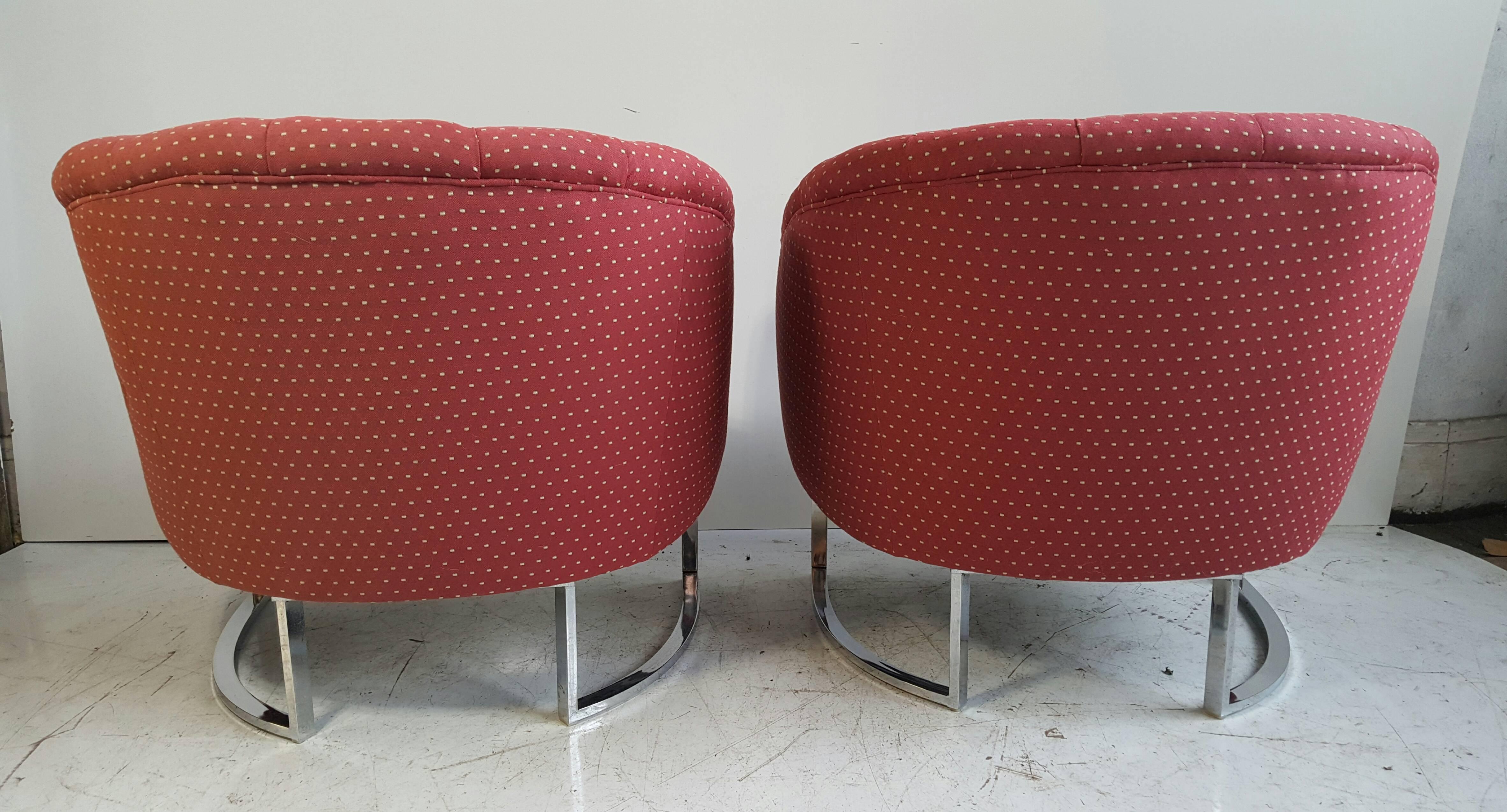 Mid-Century Modern Pair of Chrome and Fabric Button Tufted Milo Baughman Barrel Chairs