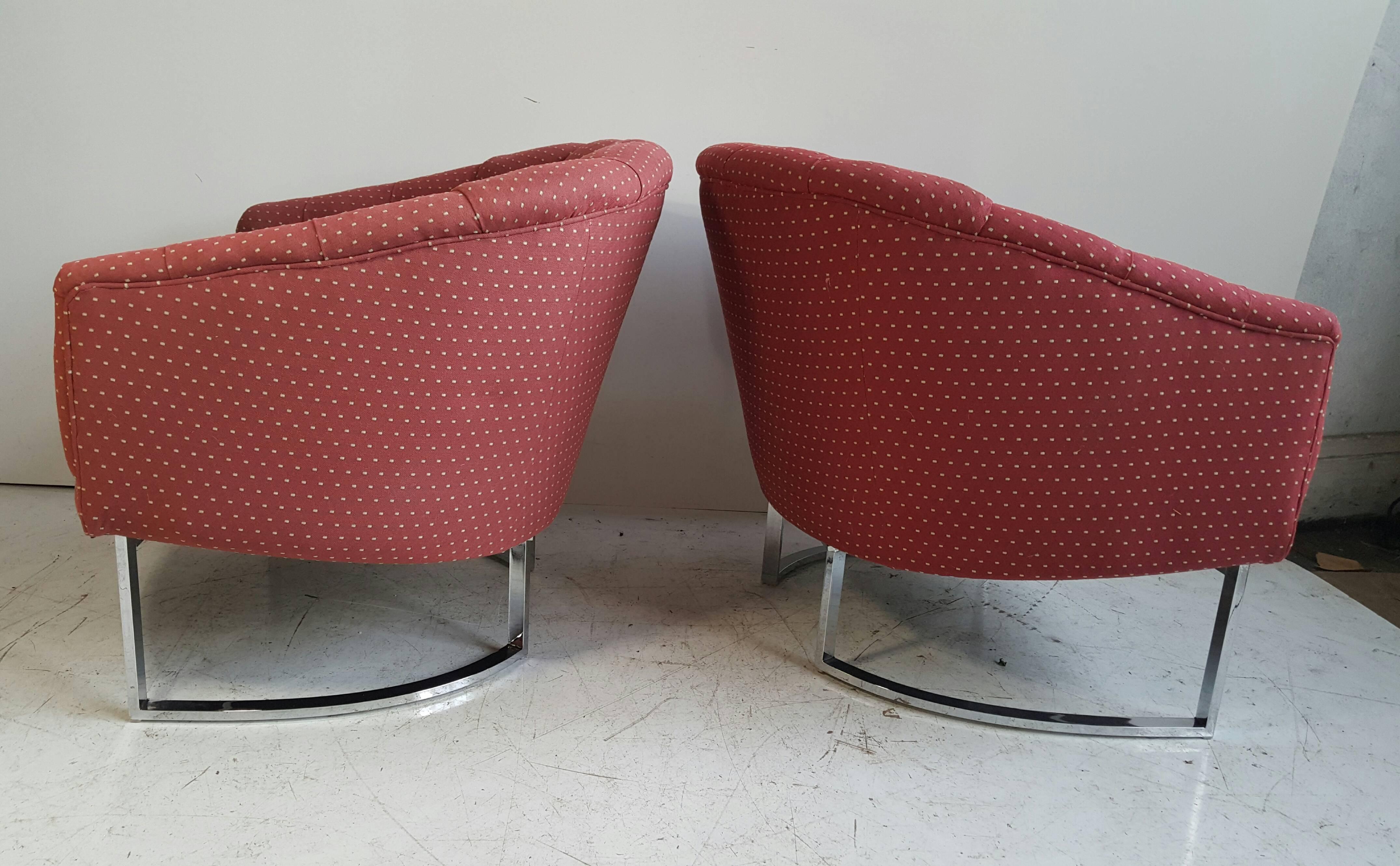 Milo Baughman was one of the most agile and adept modern American furniture designers of the late 20th century. Nice matched pair of chrome and fabric barrel chairs, appear to have been reupholstered in the 1990s? Fabric in nice usable condition,