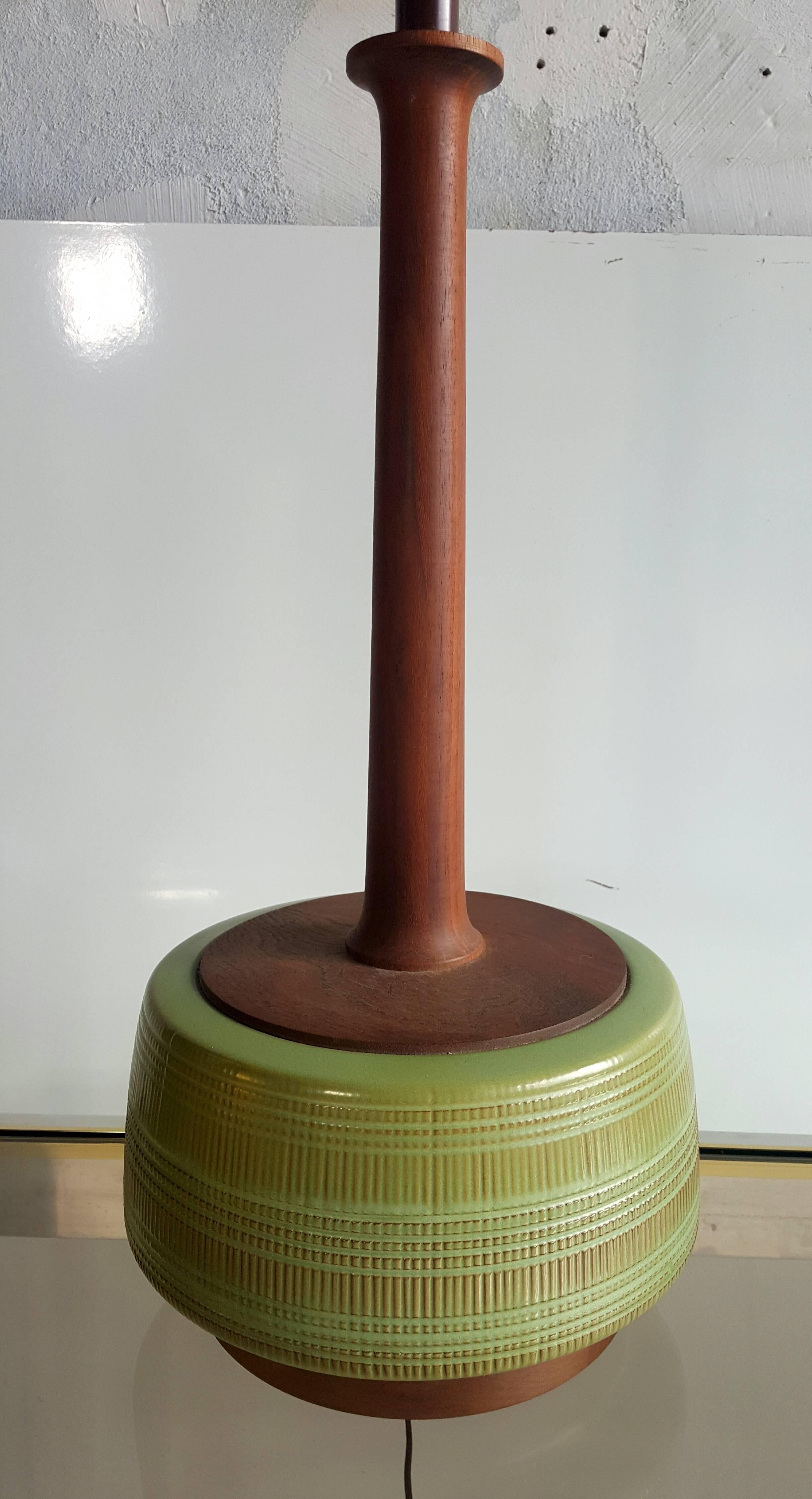 20th Century Pair of Danish Modern Pottery and Teak Table Lamps