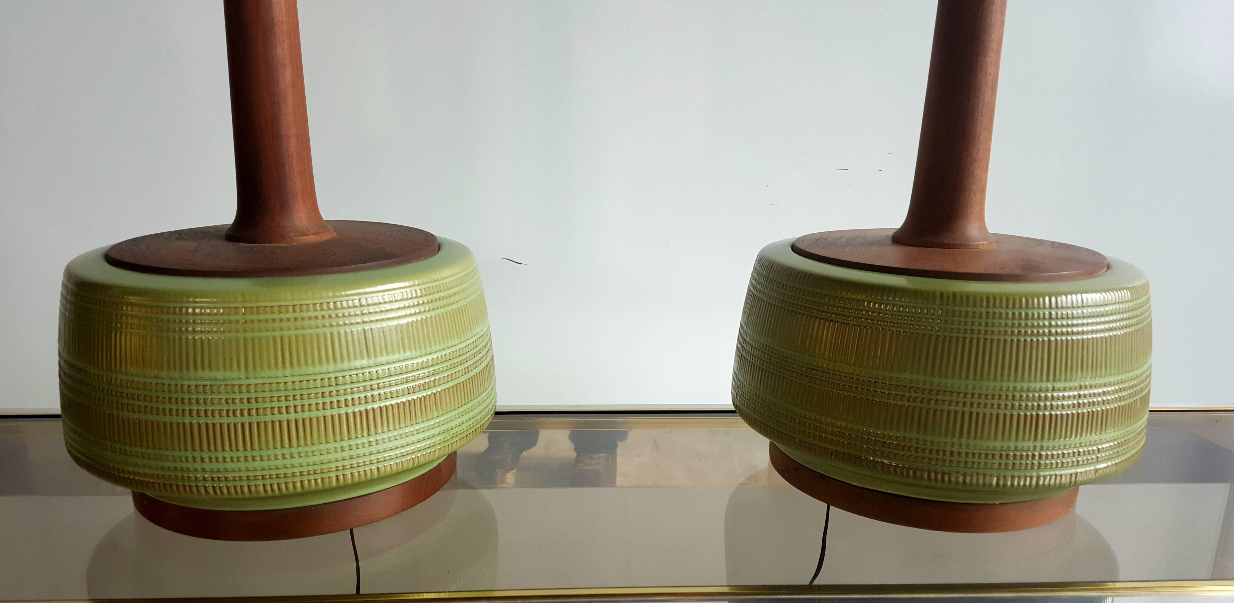 Scandinavian Modern Pair of Danish Modern Pottery and Teak Table Lamps