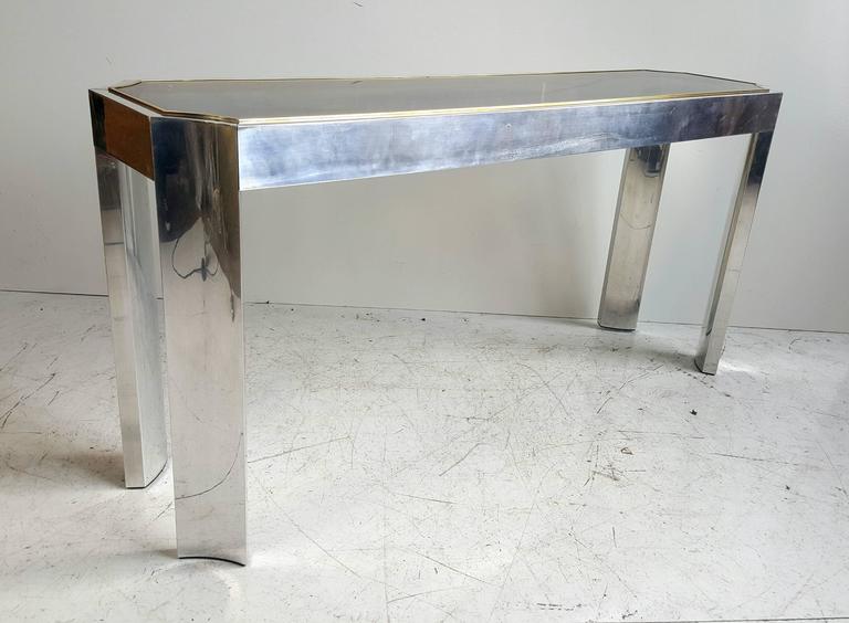 Mid-Century Modern Elegant Aluminium, Brass and Glass Console or Sofa Table For Sale