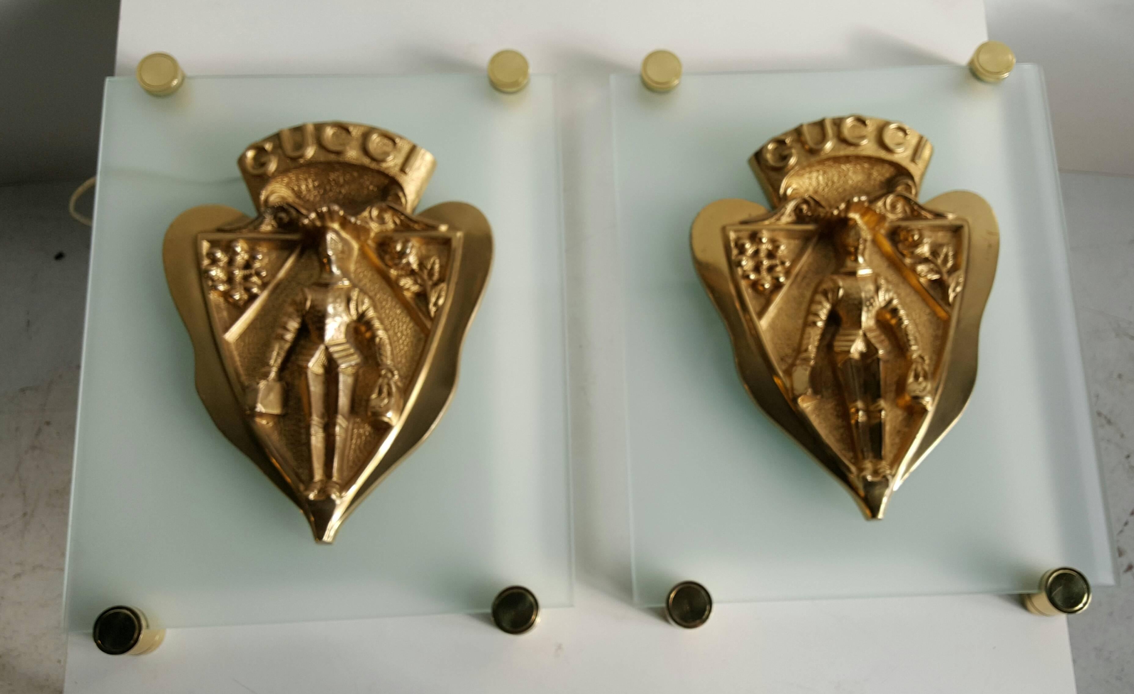 Italian Rare Gucci Store Shield Wall Plaques Sconces Bronze and Glass