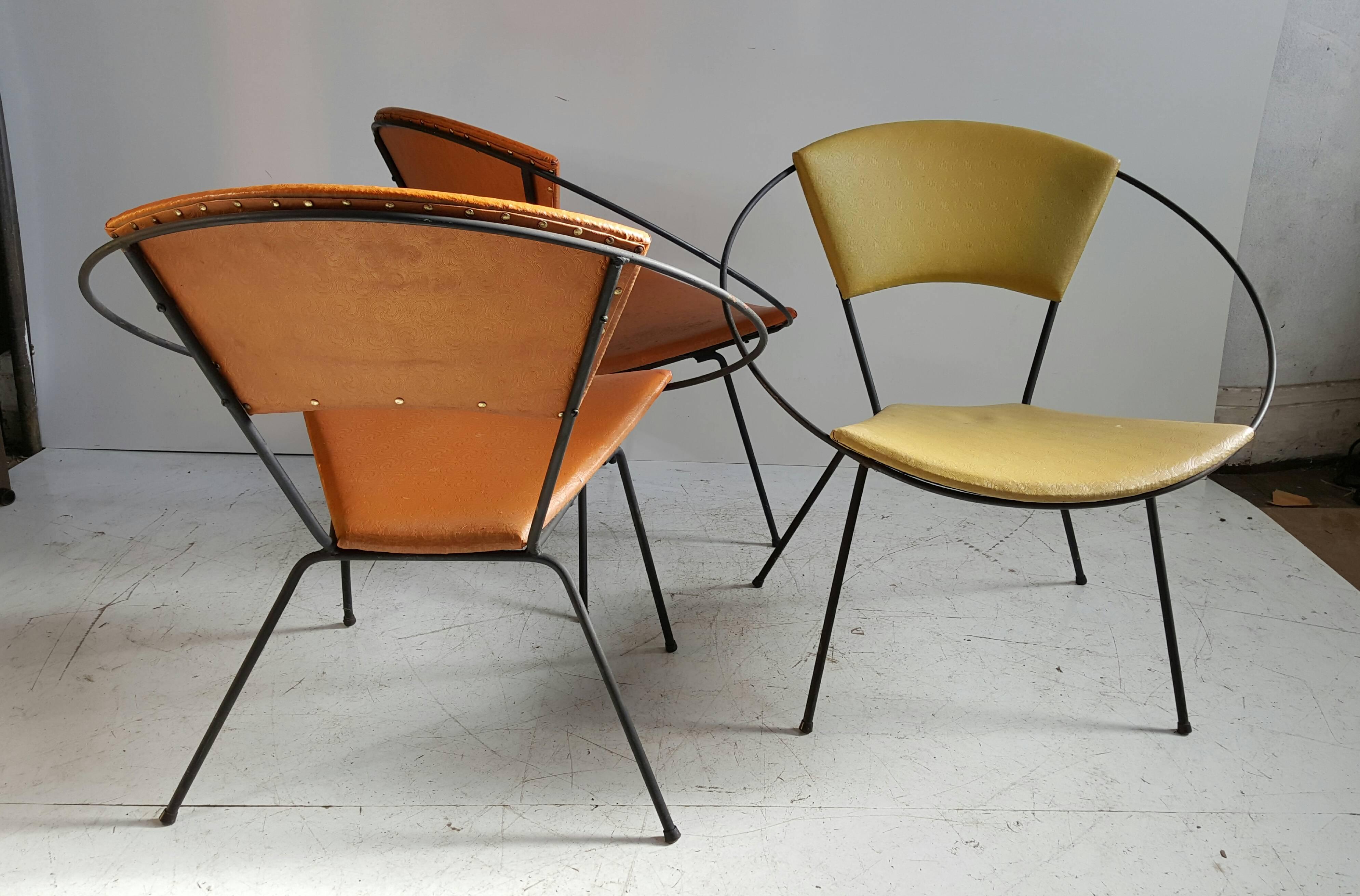 Classic modernist, set of three matching wire iron 'Hoop' garden chairs. Retain original naughyde fabric upholstery and black iron in great condition, great colors, patina.