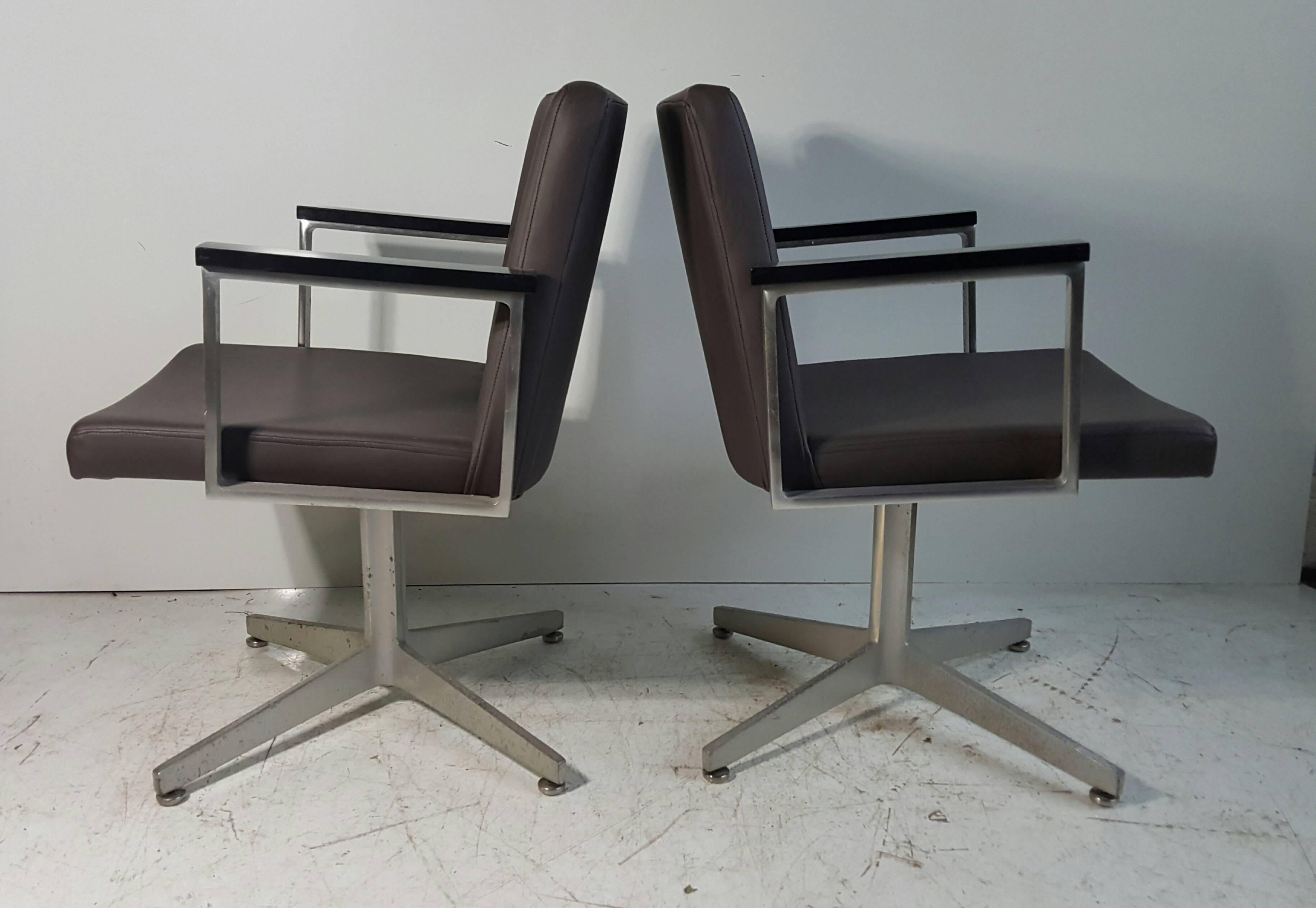 American Aluminum and Leather Good Form Armchairs, Modernist, Machine Age For Sale
