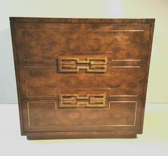 Stunning Burl Elm and Brass Three-Drawer Chest by Mastercraft