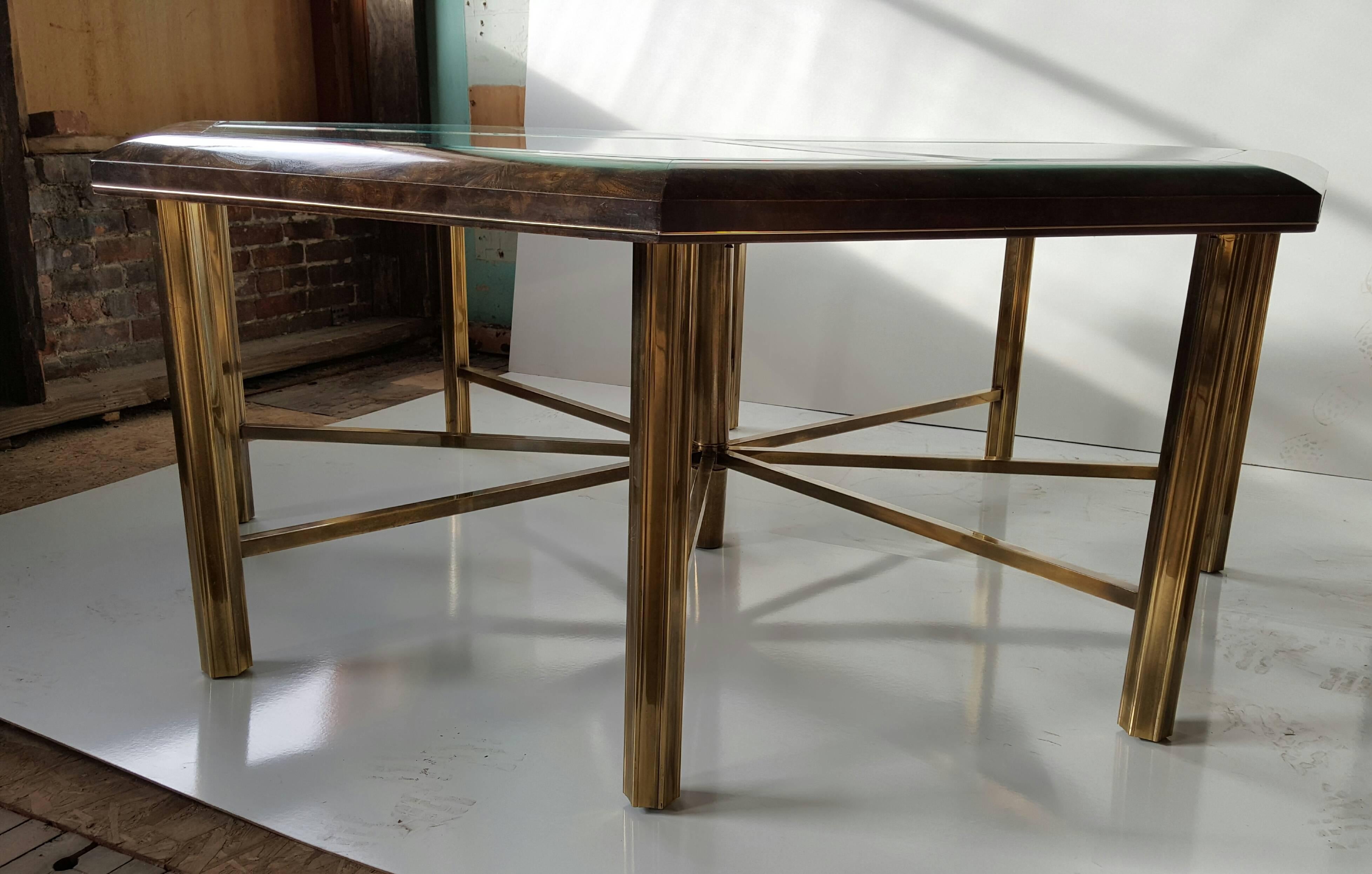 Monumental Burl Elm and Brass Eight-Sided Dining Table by Mastercraft In Good Condition For Sale In Buffalo, NY