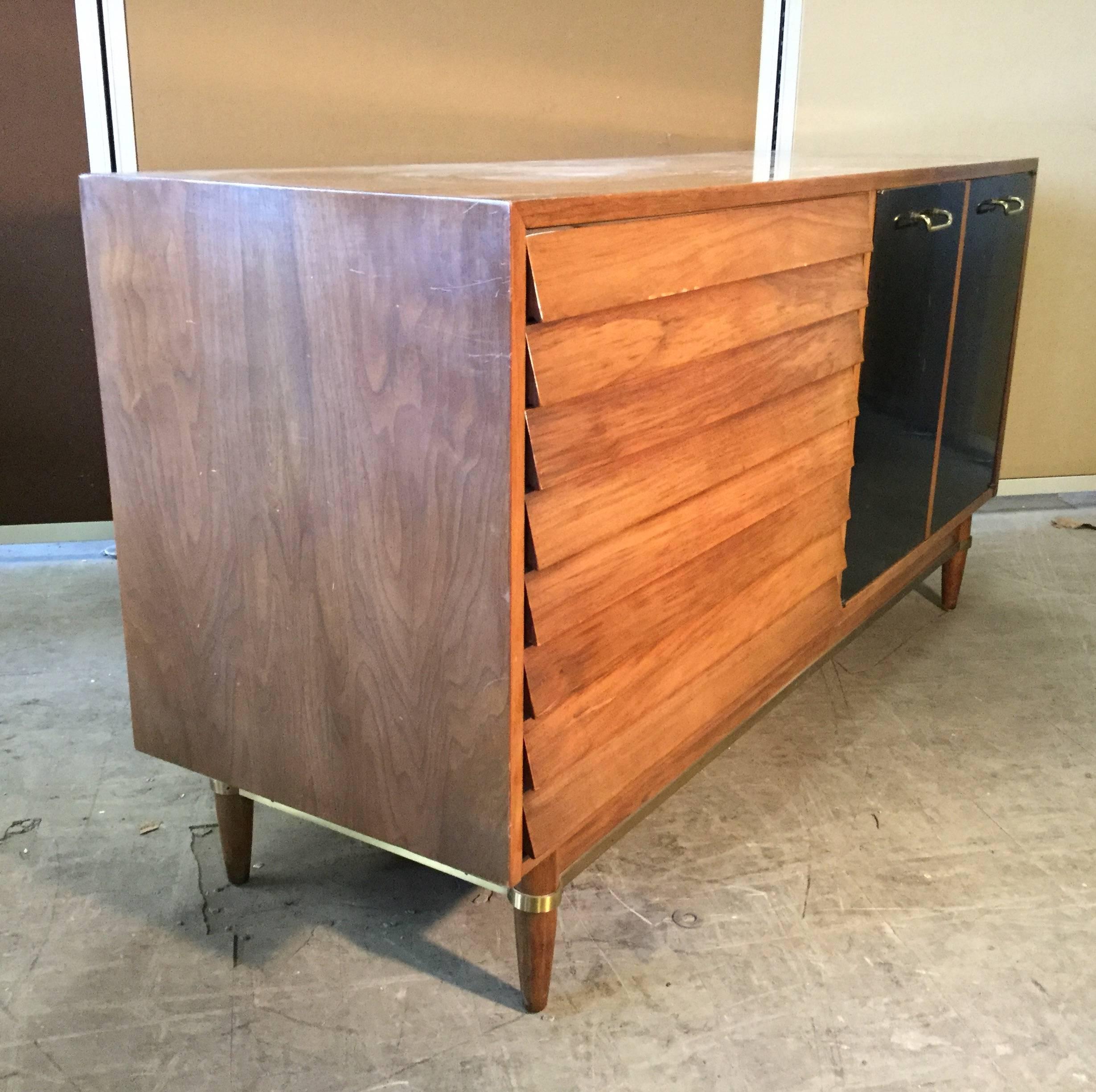 Classic Modernist Walnut and Brass Server or Credenza, American of Martinsville 1