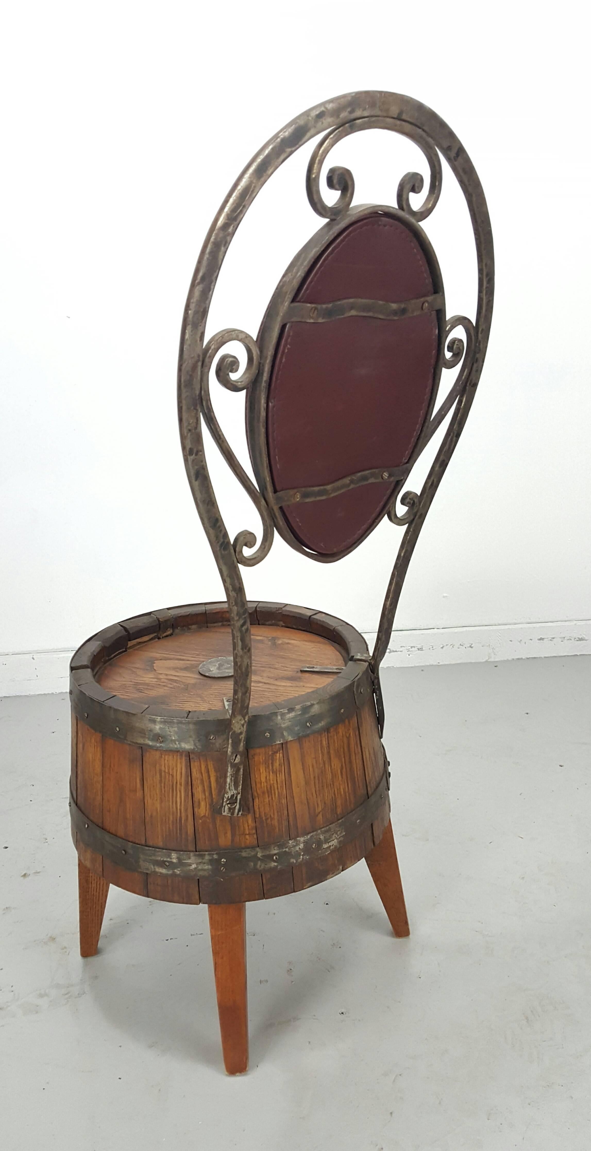 French Unusual Set of Six Whiskey Barrel and Hammered Iron Pub Chairs For Sale